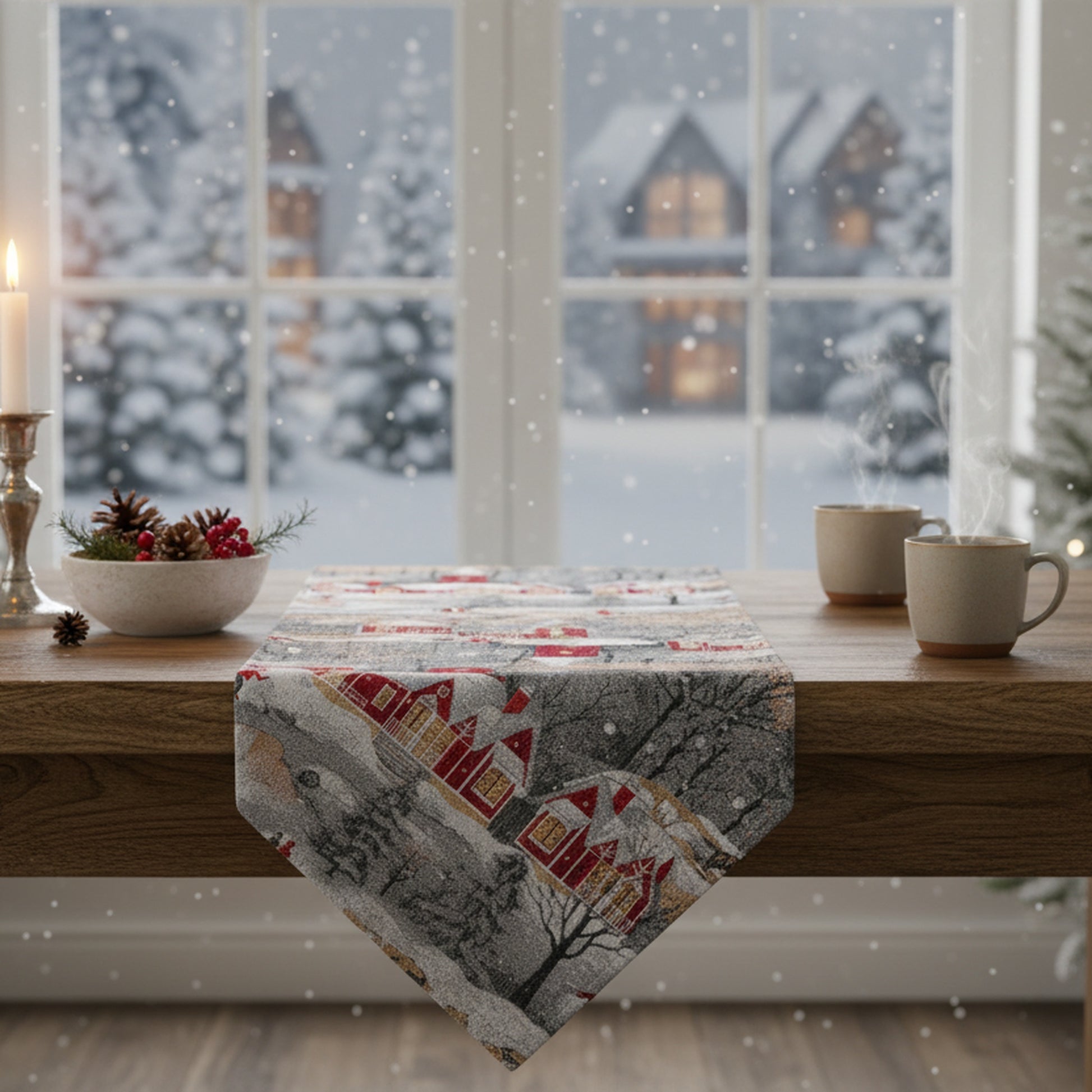 Tapestry Table Runner Winter Church 36", Winter, Table Runner, Holiday Decor