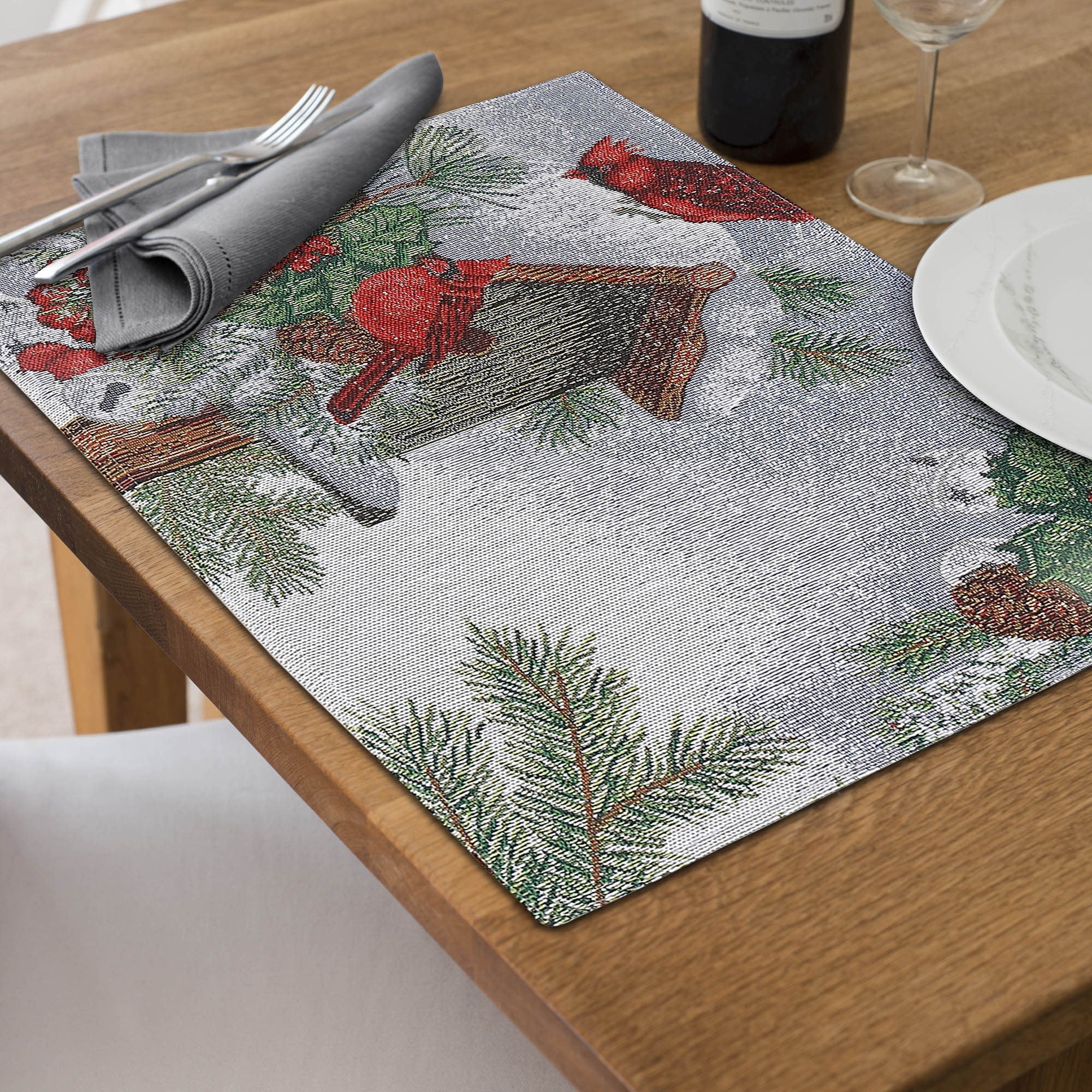 Birdhouse & Cardinal Tapestry Christmas Placemat 13x18 Set of 12 – Holiday Table Decor
