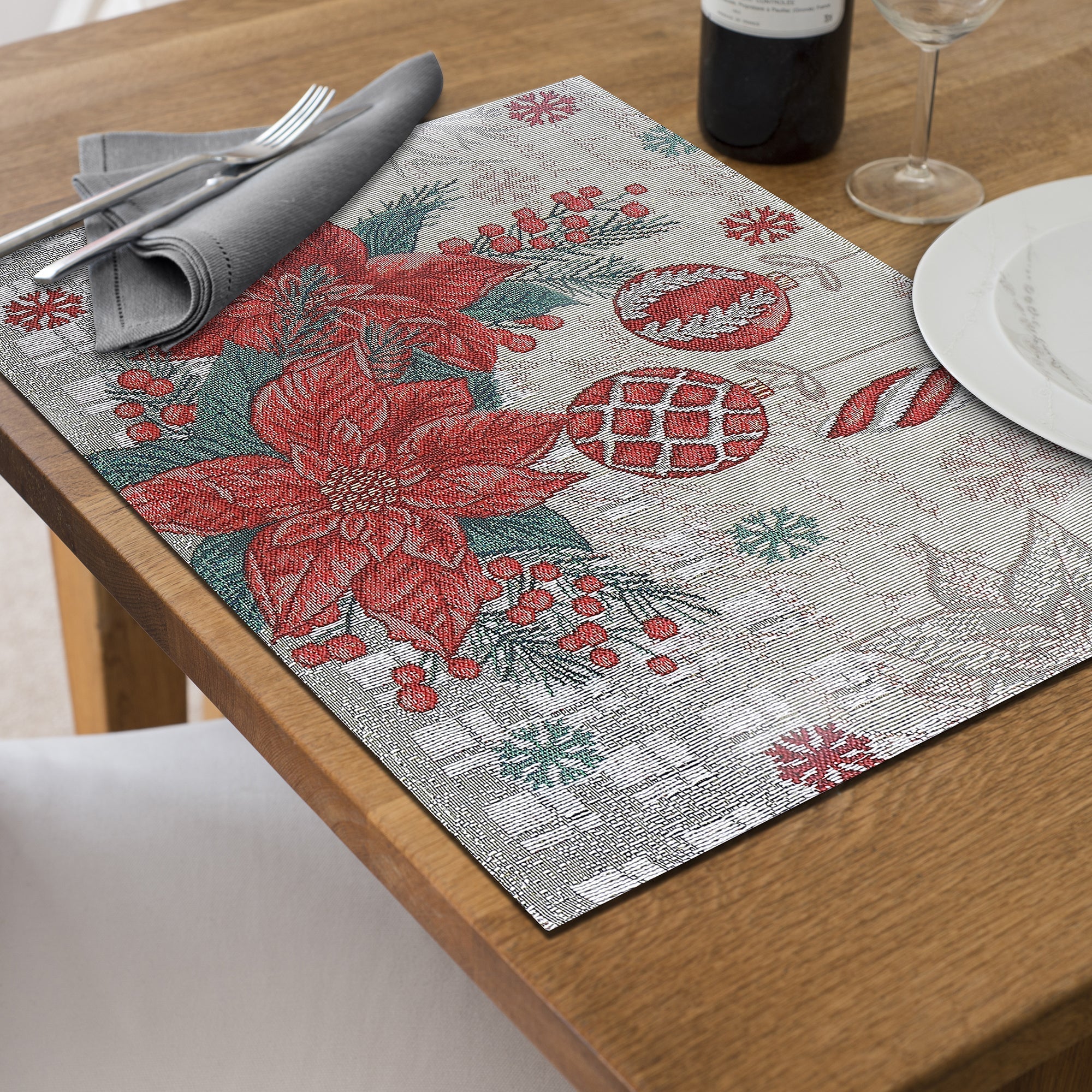Tapestry Placemat Set of 12 Poinsettia & Ornaments 13"x18" – Christmas Table Decor, Holiday Dining Accent, Festive Seasonal Decoration