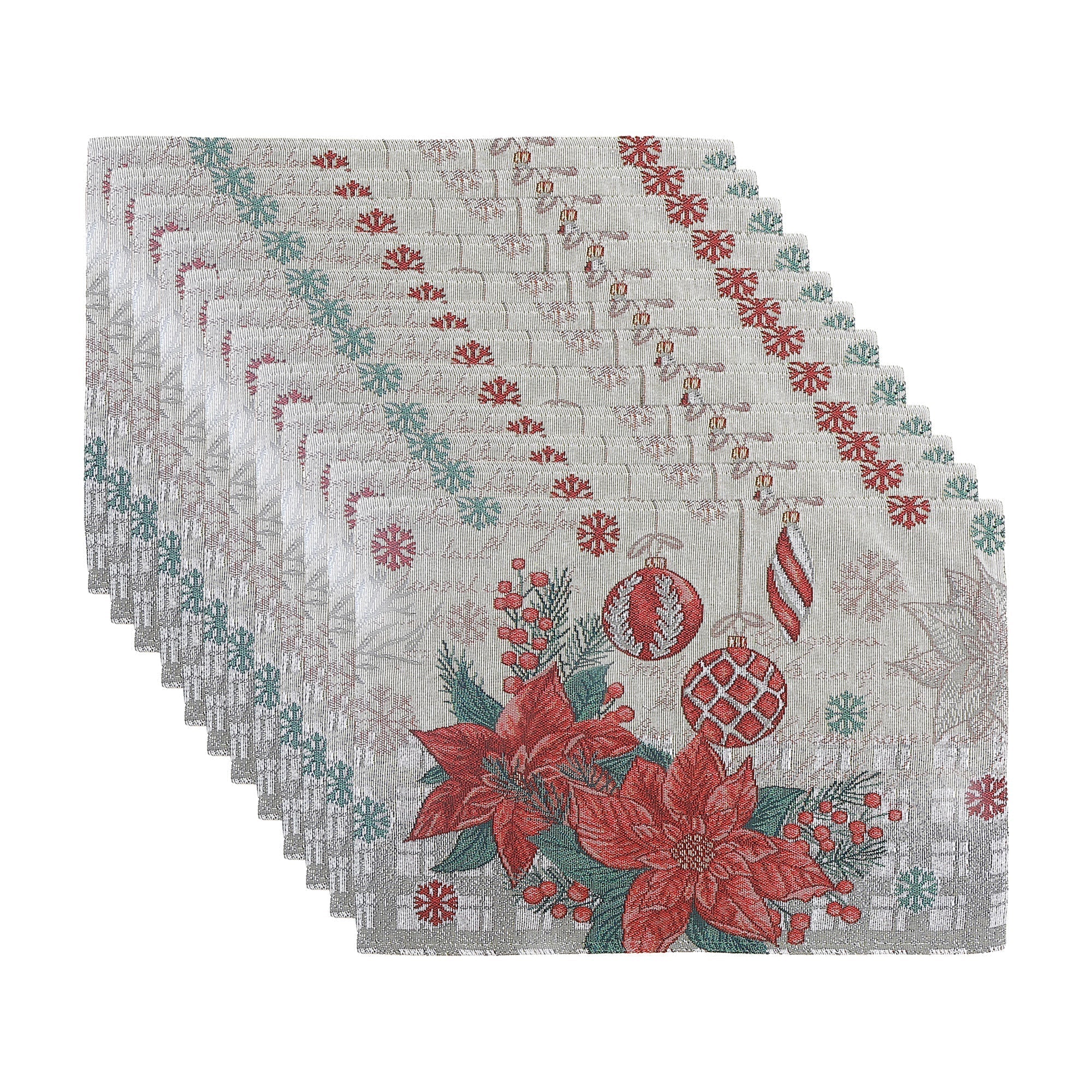 Tapestry Placemat Set of 12 Poinsettia & Ornaments 13"x18" – Christmas Table Decor, Holiday Dining Accent, Festive Seasonal Decoration