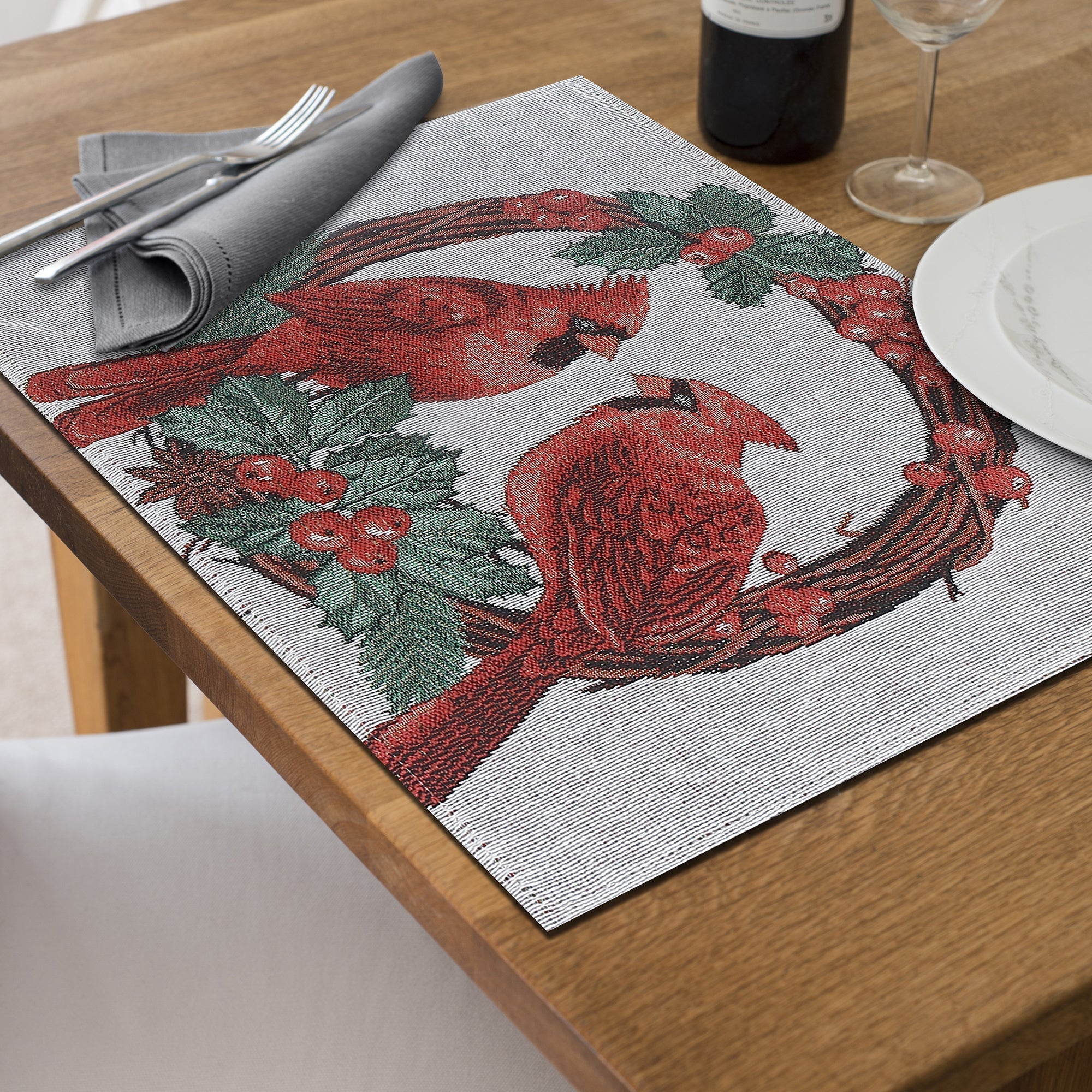 Tapestry Placemat Set of 12 Double Cardinal 13"x18" – Christmas Table Decor, Holiday Dining Accent, Winter Birds Seasonal Decoration