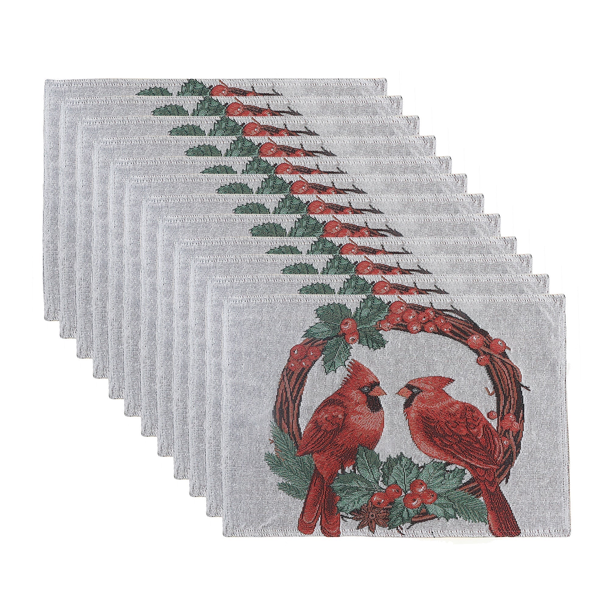 Tapestry Placemat Set of 12 Double Cardinal 13"x18" – Christmas Table Decor, Holiday Dining Accent, Winter Birds Seasonal Decoration