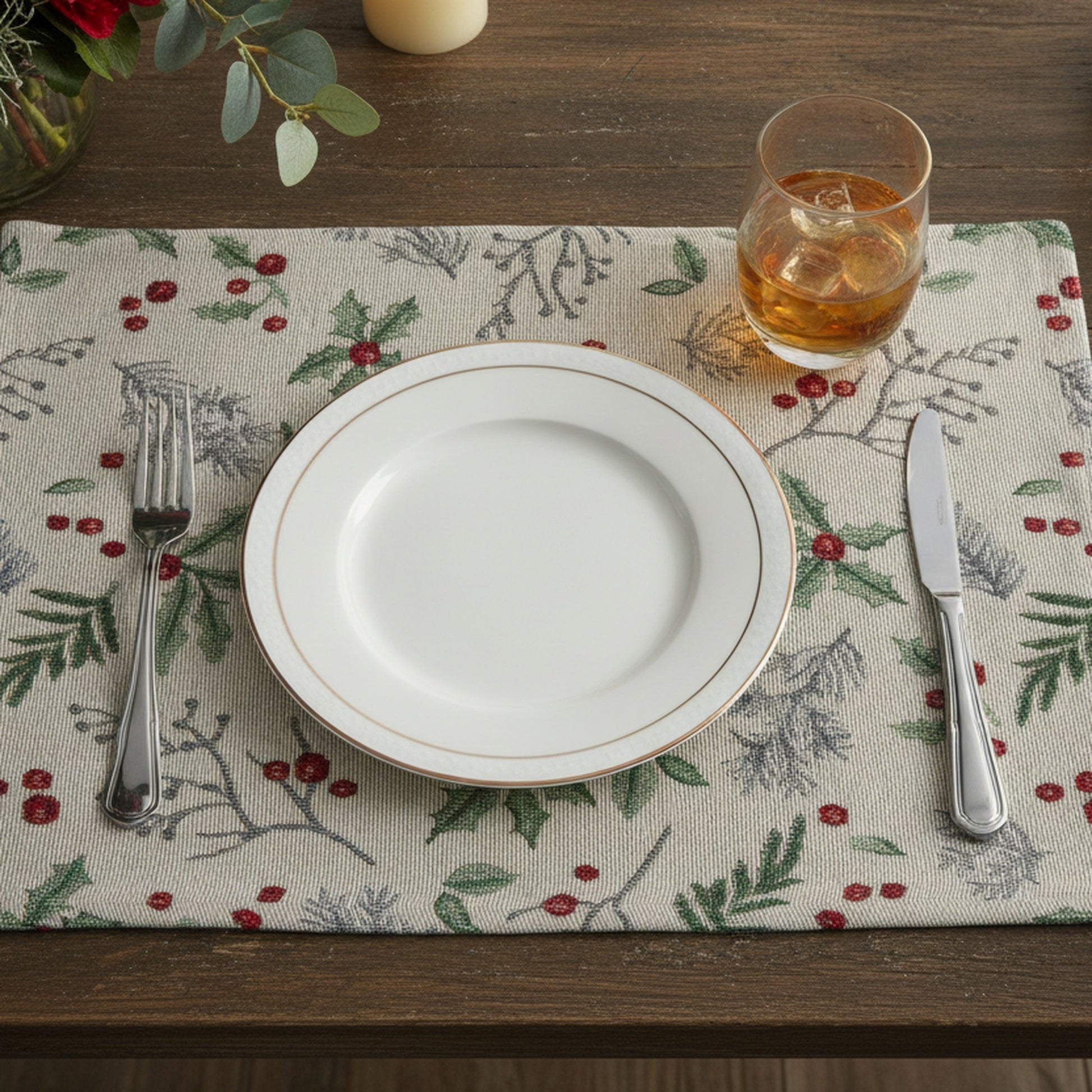 Tapestry Placemat Holly Berries 13 X 18, Christmas, Placemat, Holiday Decor- Set of 12