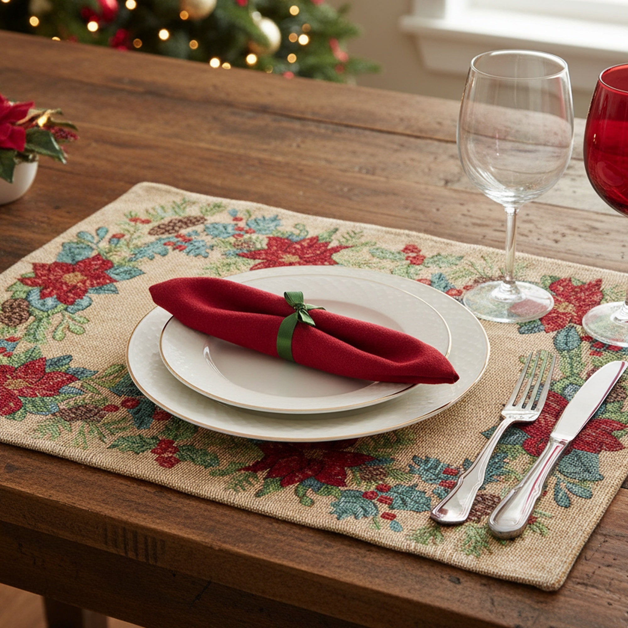 Tapestry Placemat Poinsettia Border 13 X 18, Christmas, Placemat, Holiday Decor- Set of 12