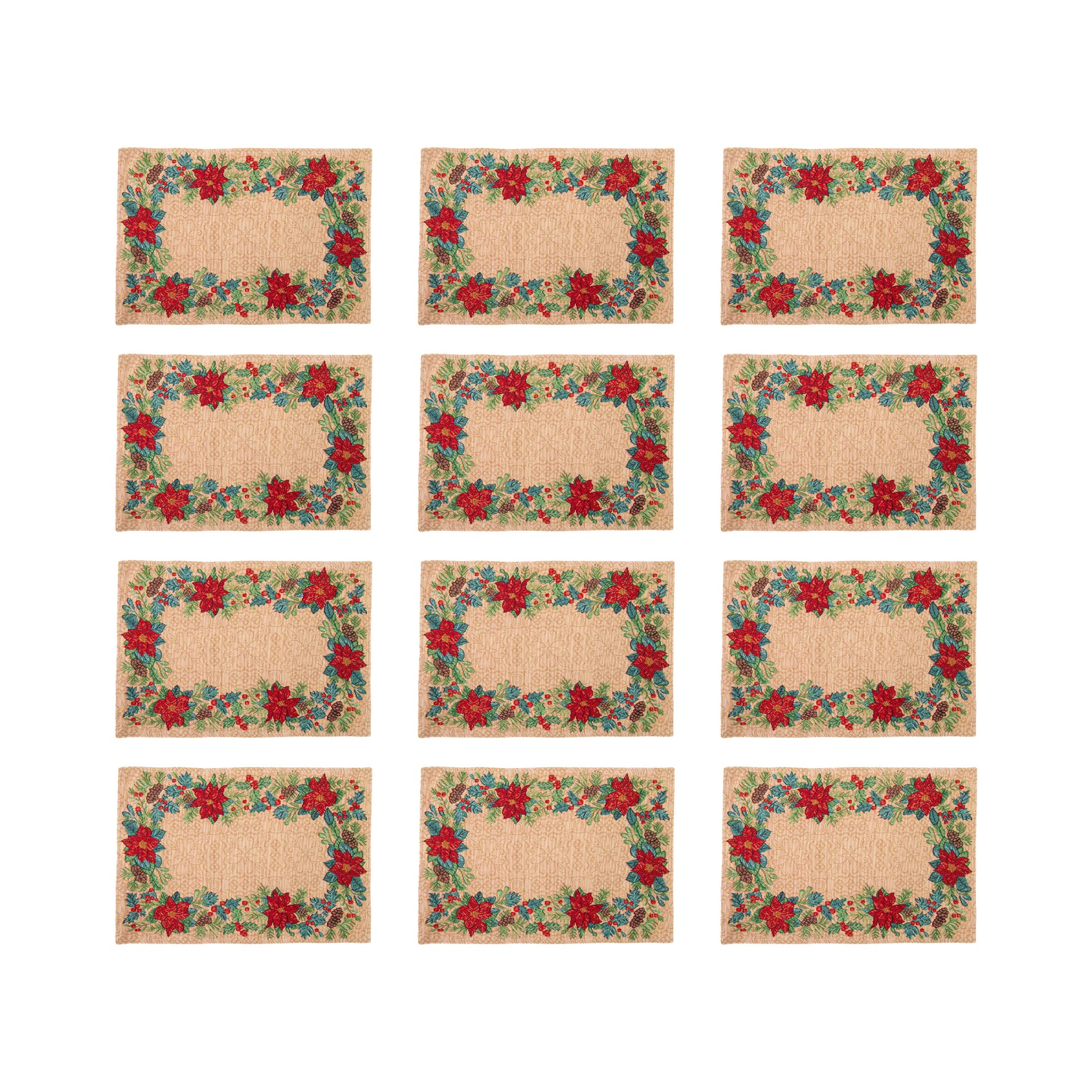 Tapestry Placemat Poinsettia Border 13 X 18, Christmas, Placemat, Holiday Decor- Set of 12
