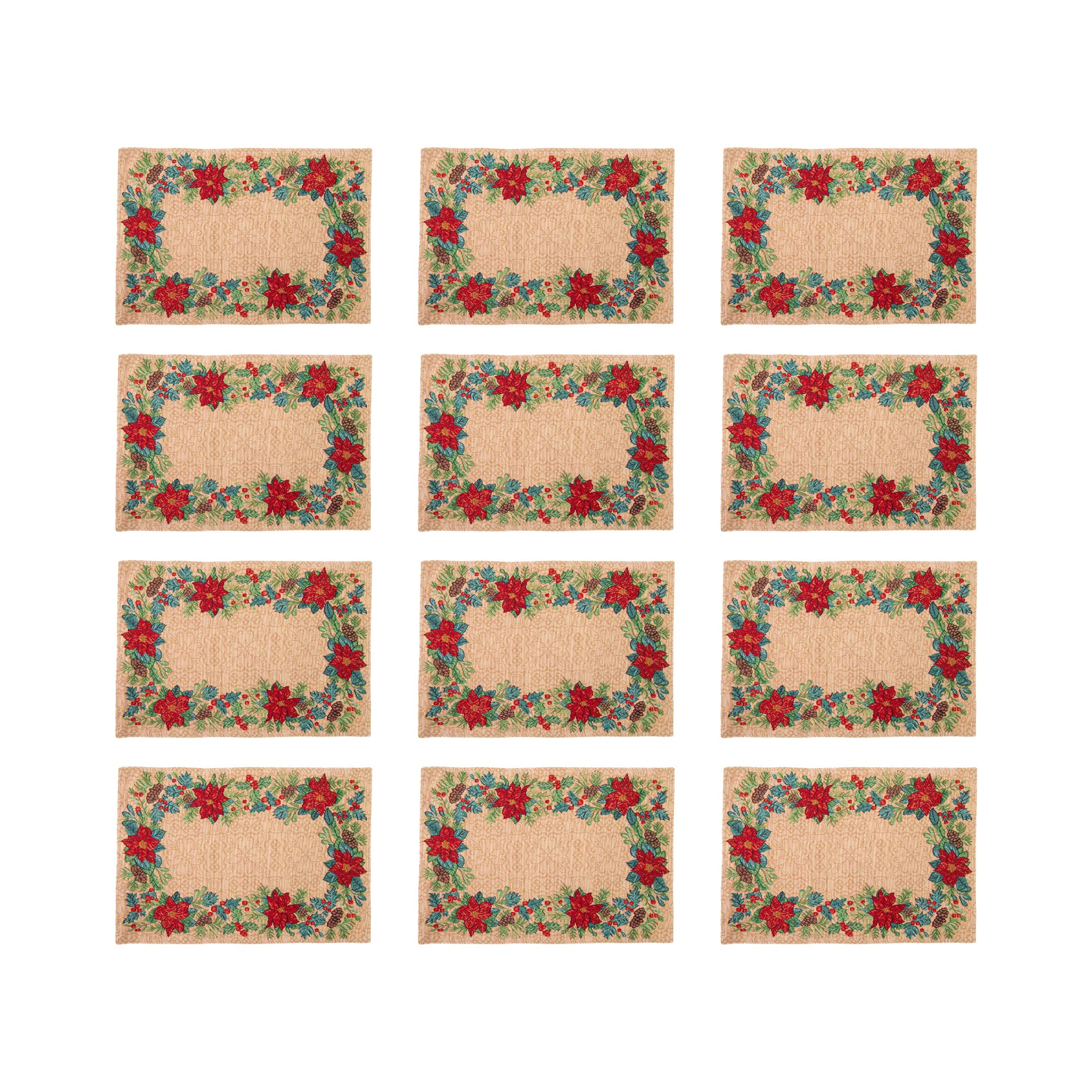 Tapestry Placemat Poinsettia Border 13 X 18, Christmas, Placemat, Holiday Decor- Set of 12