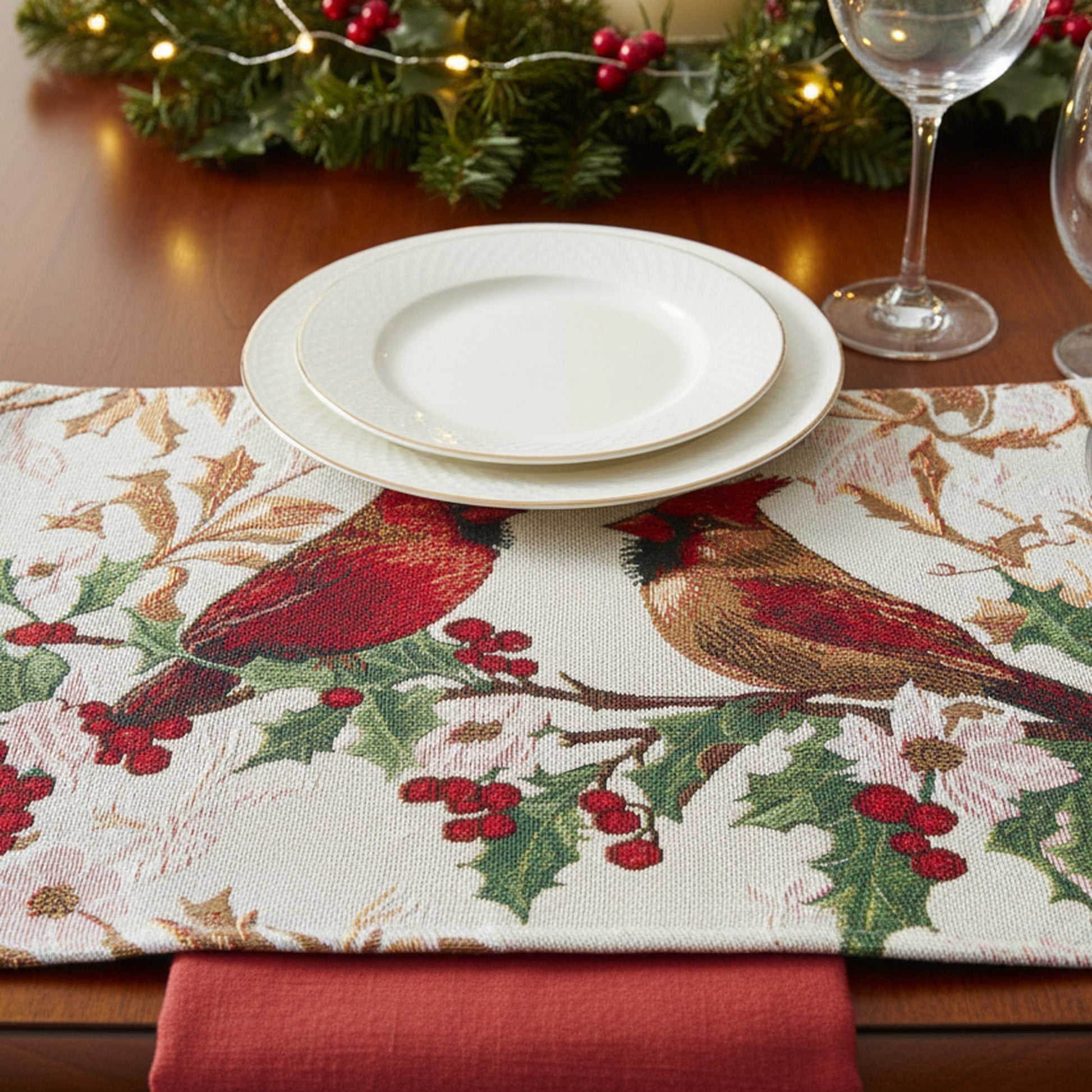 Tapestry Placemat Cardinals on Holly 13 X 18, Christmas, Placemat, Holiday Decor- Set of 12