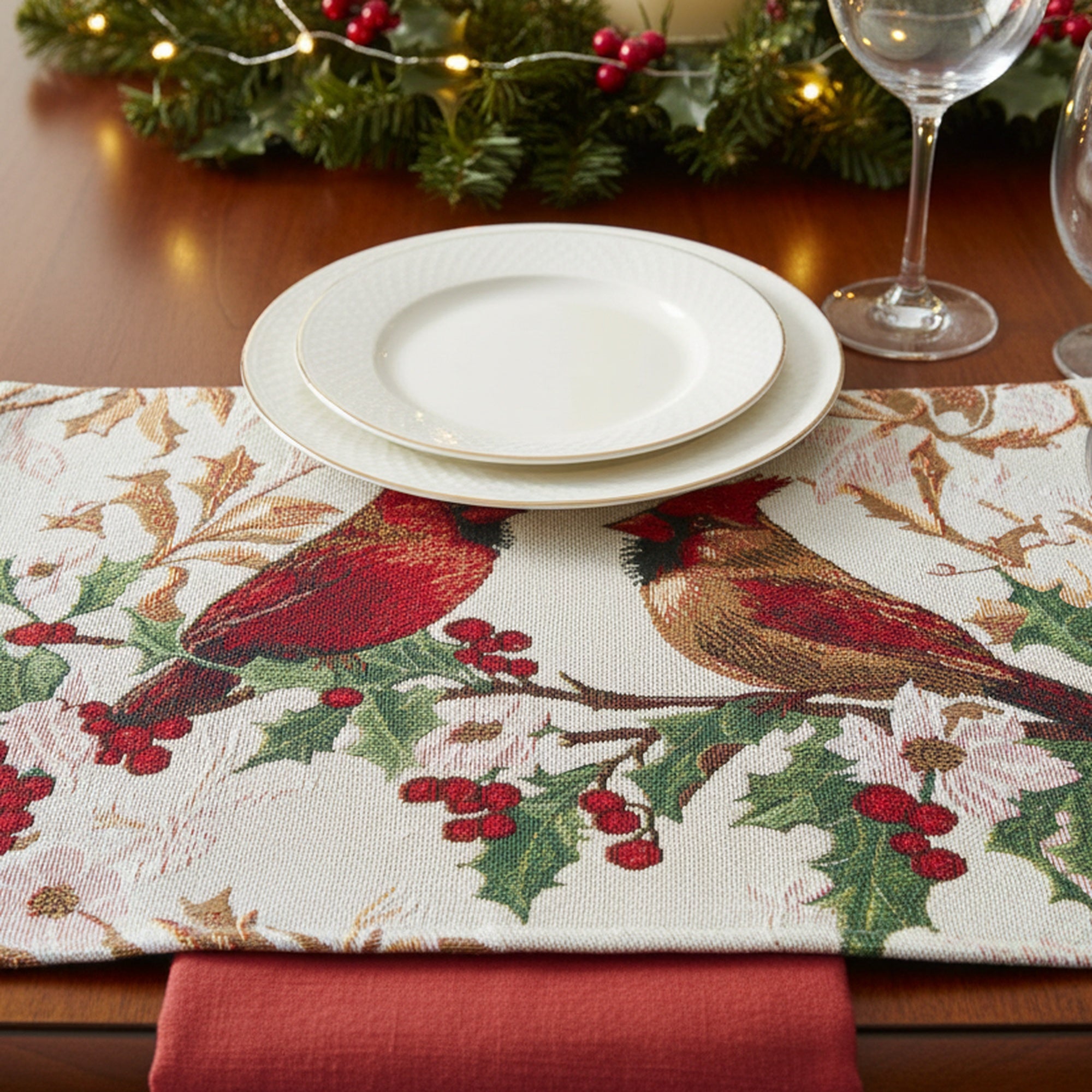 Tapestry Placemat Cardinals on Holly 13 X 18, Christmas, Placemat, Holiday Decor- Set of 12