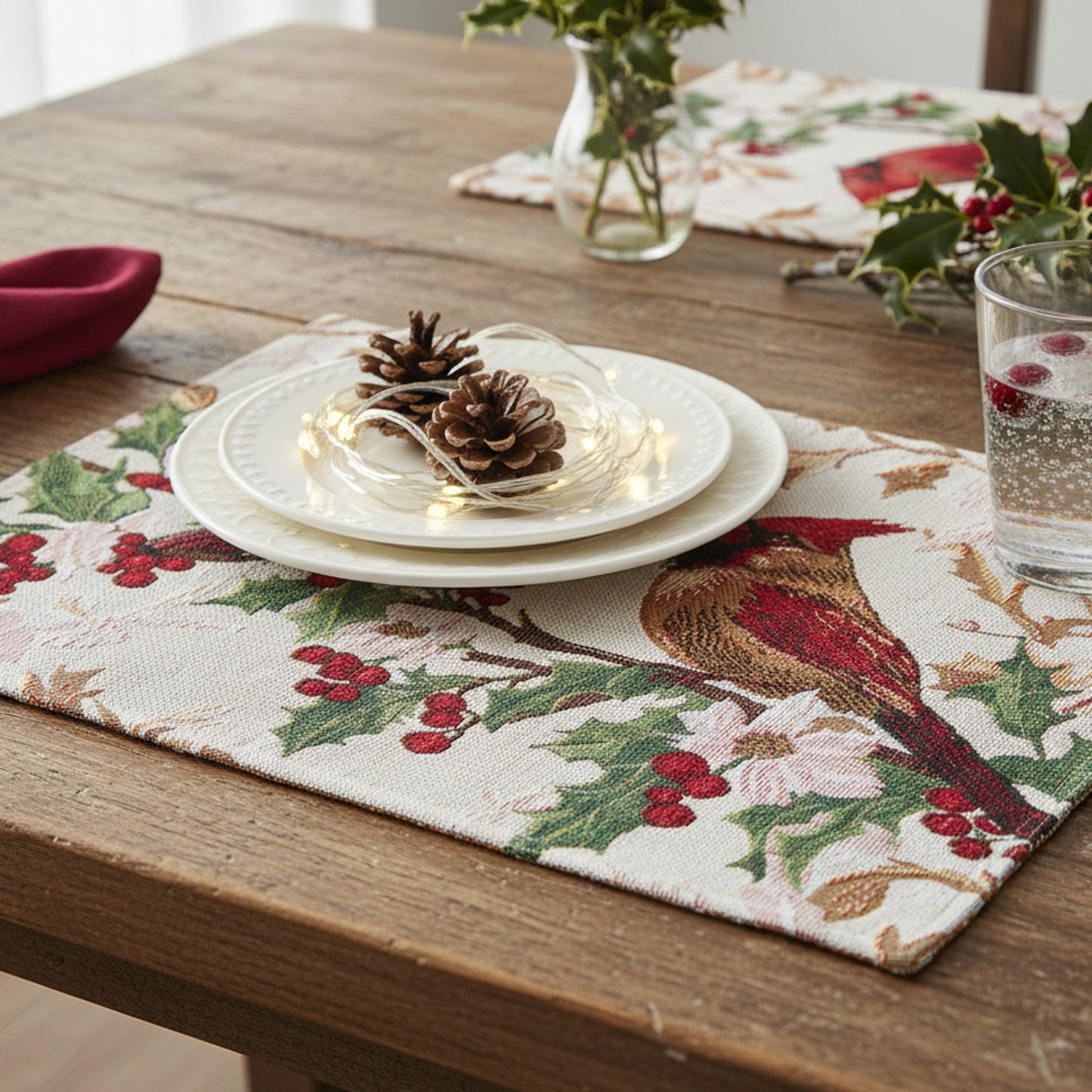 Tapestry Placemat Cardinals on Holly 13 X 18, Christmas, Placemat, Holiday Decor- Set of 12