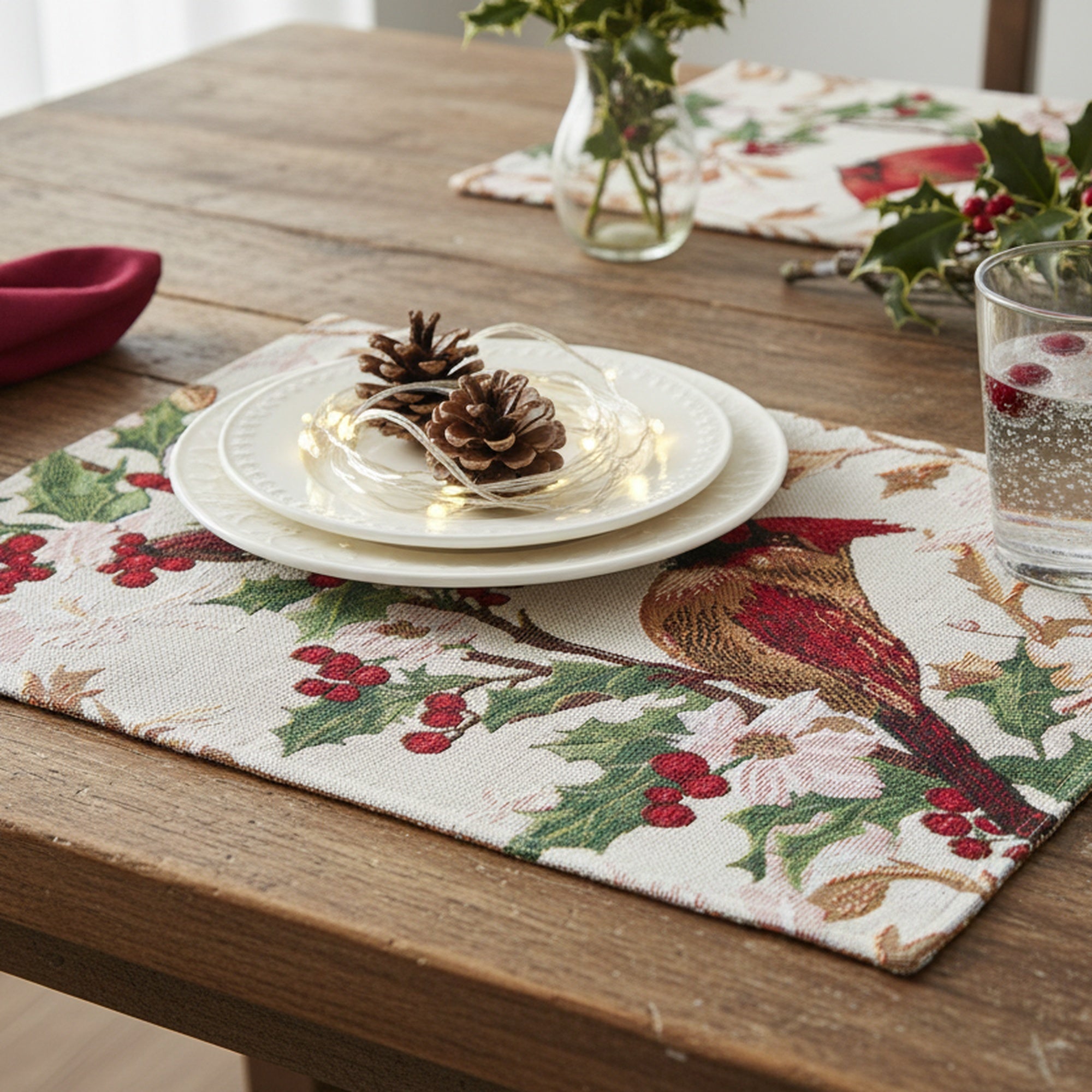 Tapestry Placemat Cardinals on Holly 13 X 18, Christmas, Placemat, Holiday Decor- Set of 12