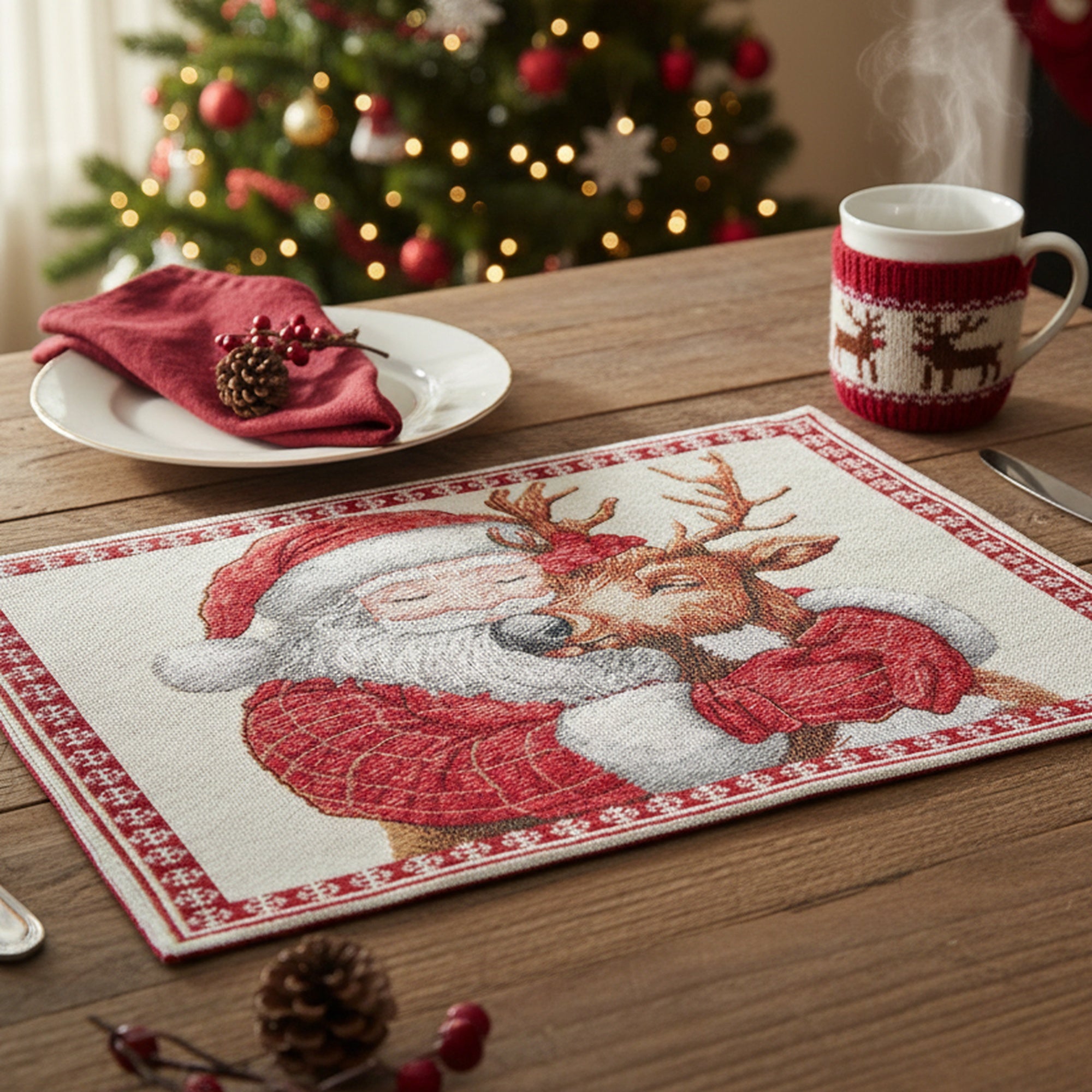 Tapestry Placemat Santa and Reindeer 13 X 18, Christmas, Placemat, Holiday Decor- Set of 12