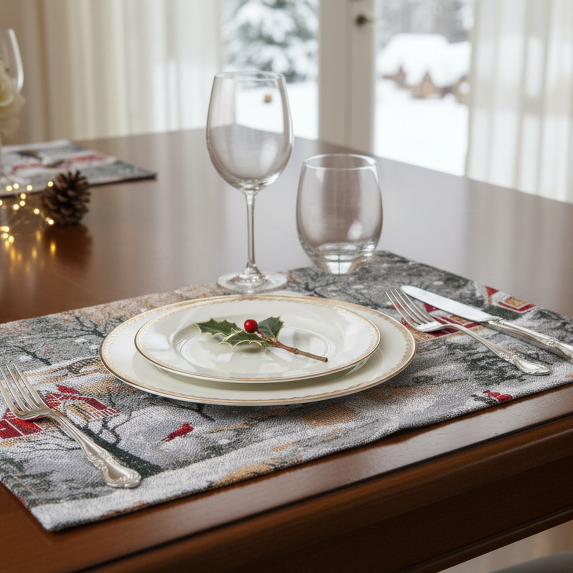 Tapestry Placemat Winter Church 13 X 18, Winter, Placemat, Holiday Decor- Set of 12
