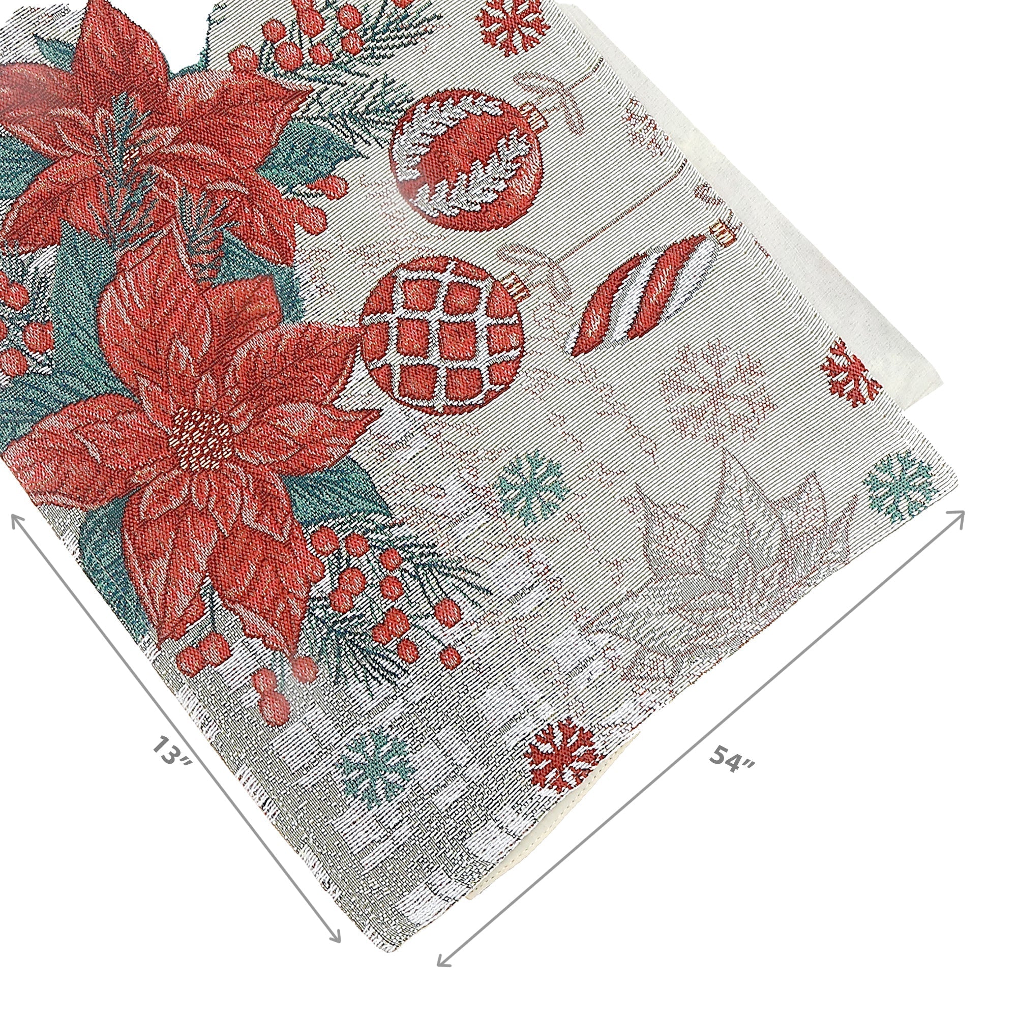 Tapestry Table Runner 54" Poinsettia & Ornaments – Christmas Table Decor, Holiday Dining Accent, Festive Seasonal Decoration