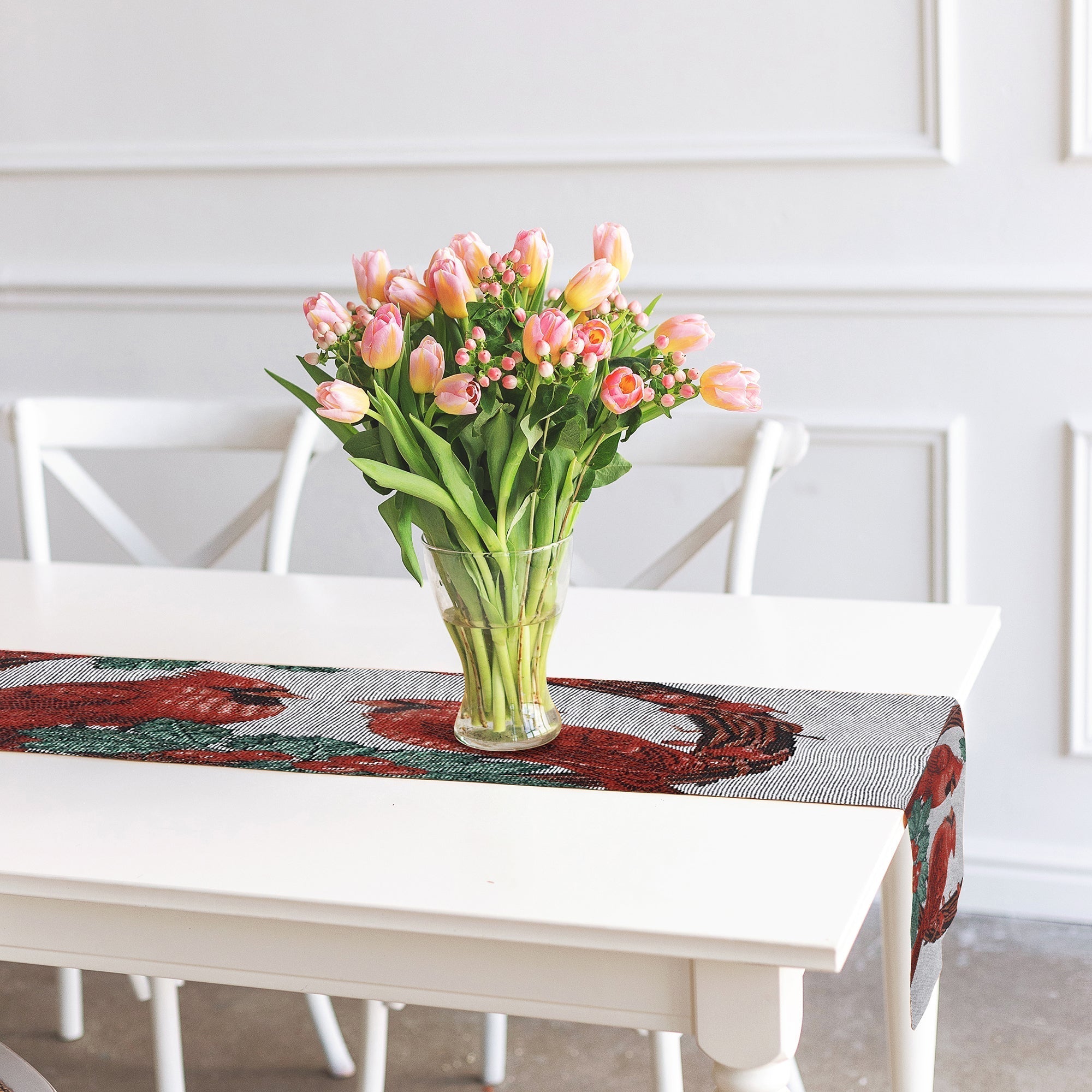 Tapestry Table Runner 54" Double Cardinal – Christmas Table Decor, Holiday Dining Accent, Winter Birds Seasonal Decoration