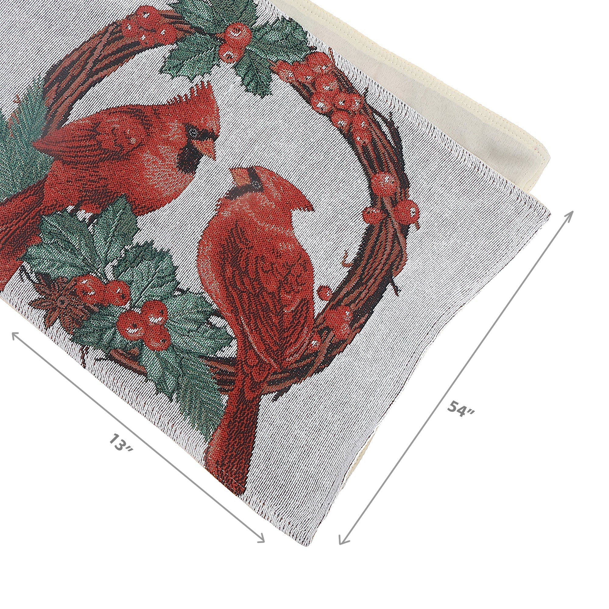 Tapestry Table Runner 54" Double Cardinal – Christmas Table Decor, Holiday Dining Accent, Winter Birds Seasonal Decoration