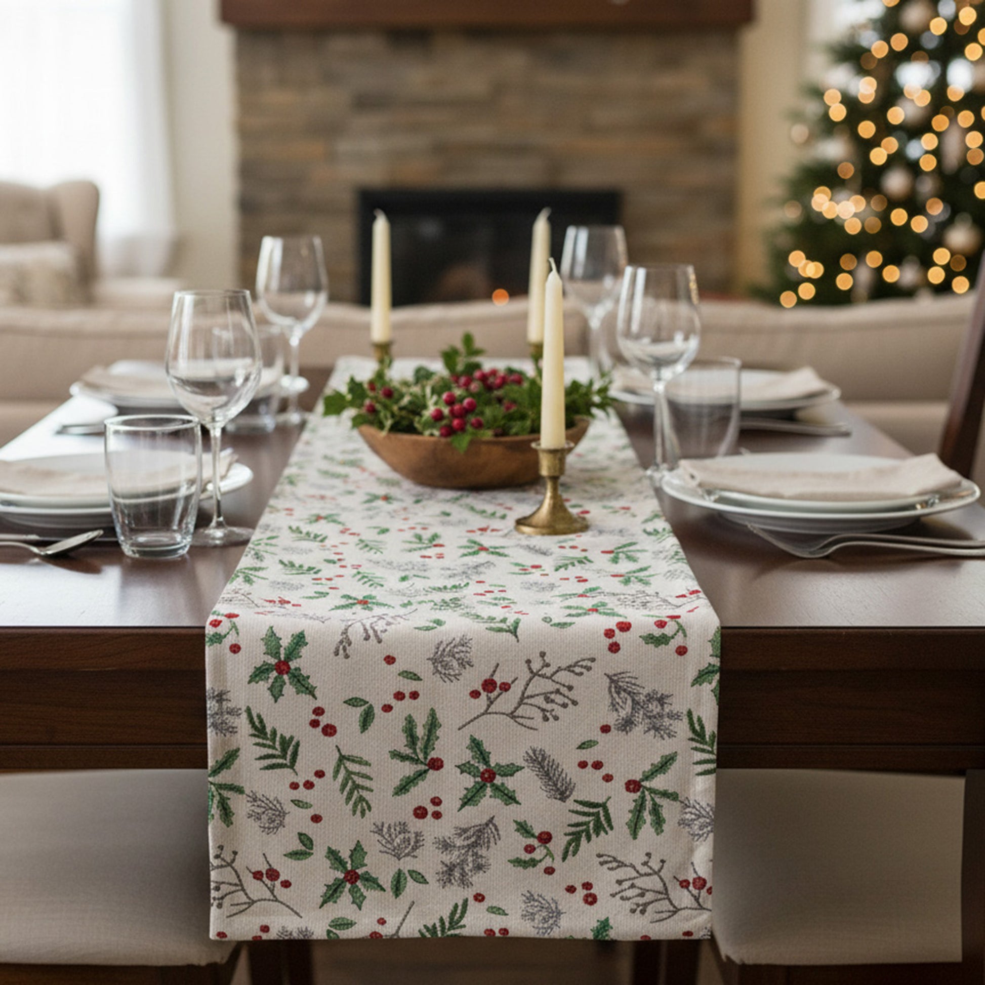 Tapestry Table Runner Holly Berries 54", Christmas, Table Runner, Holiday Decor