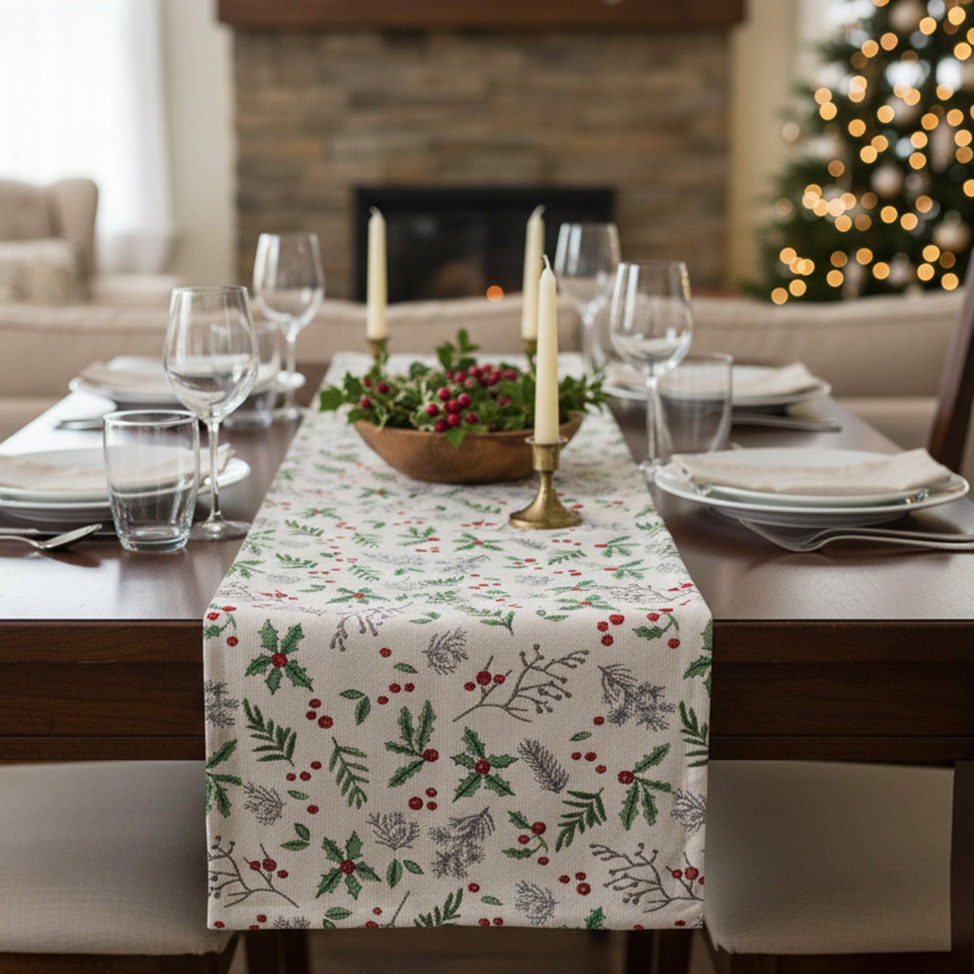 Tapestry Table Runner Holly Berries 54", Christmas, Table Runner, Holiday Decor