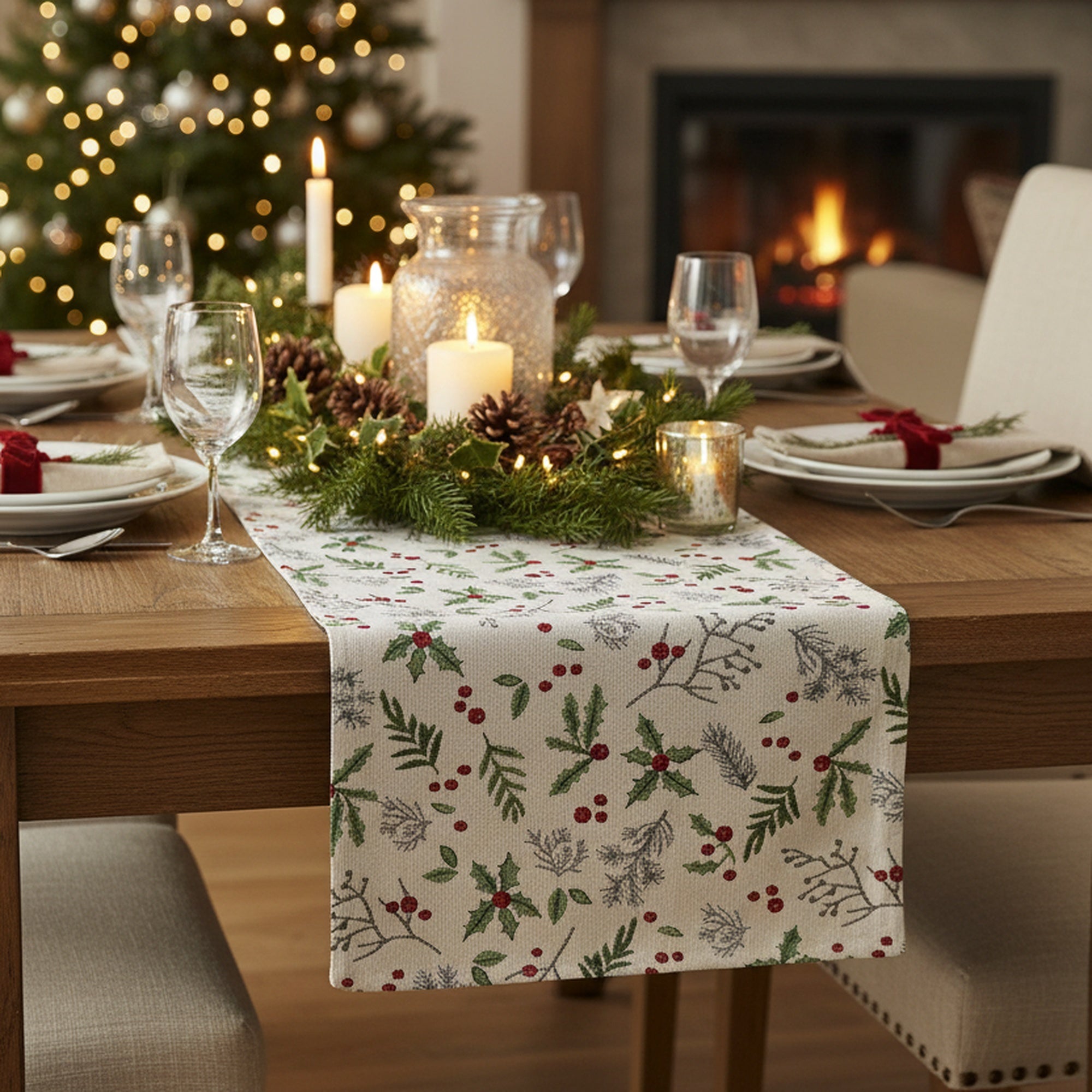 Tapestry Table Runner Holly Berries 54", Christmas, Table Runner, Holiday Decor