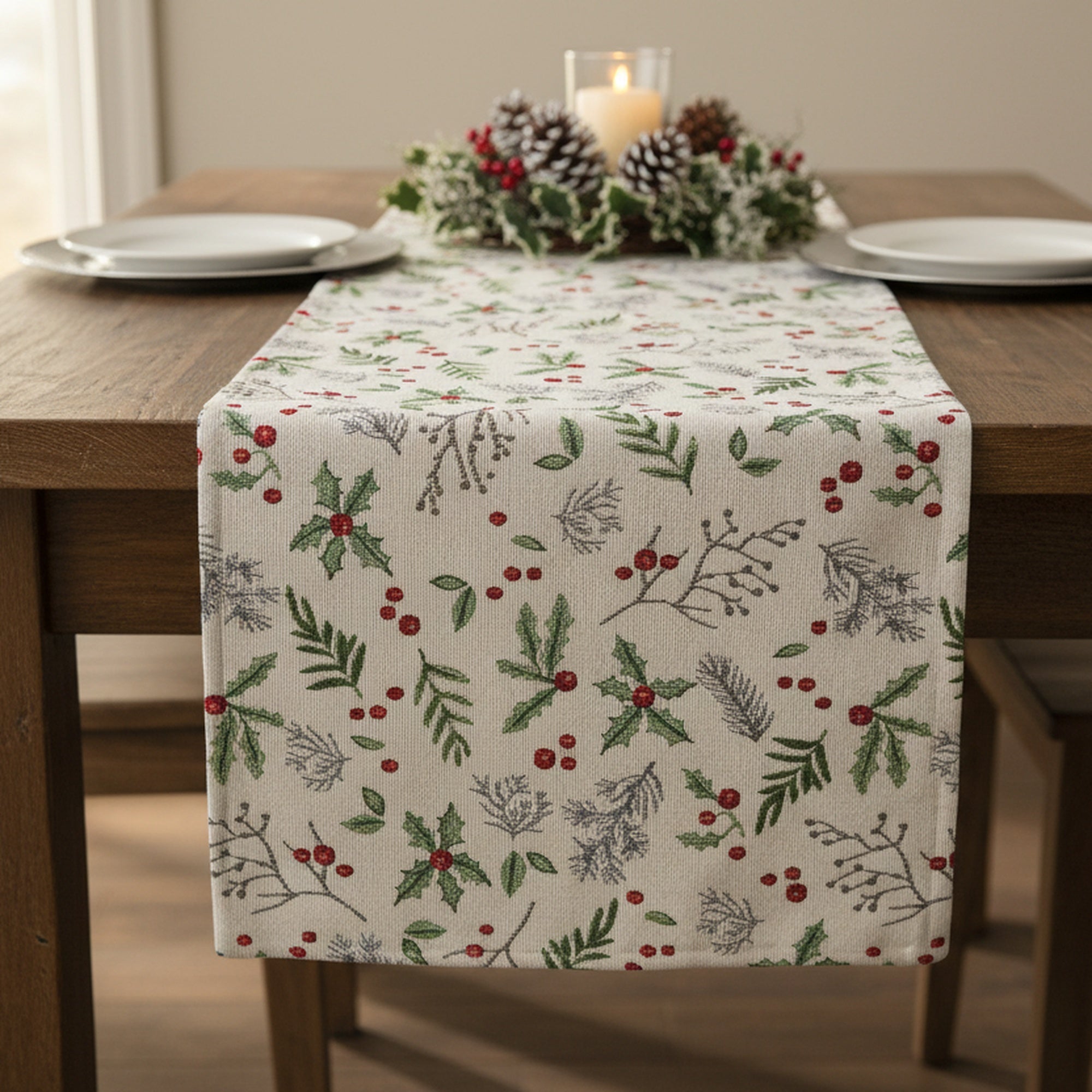 Tapestry Table Runner Holly Berries 54", Christmas, Table Runner, Holiday Decor