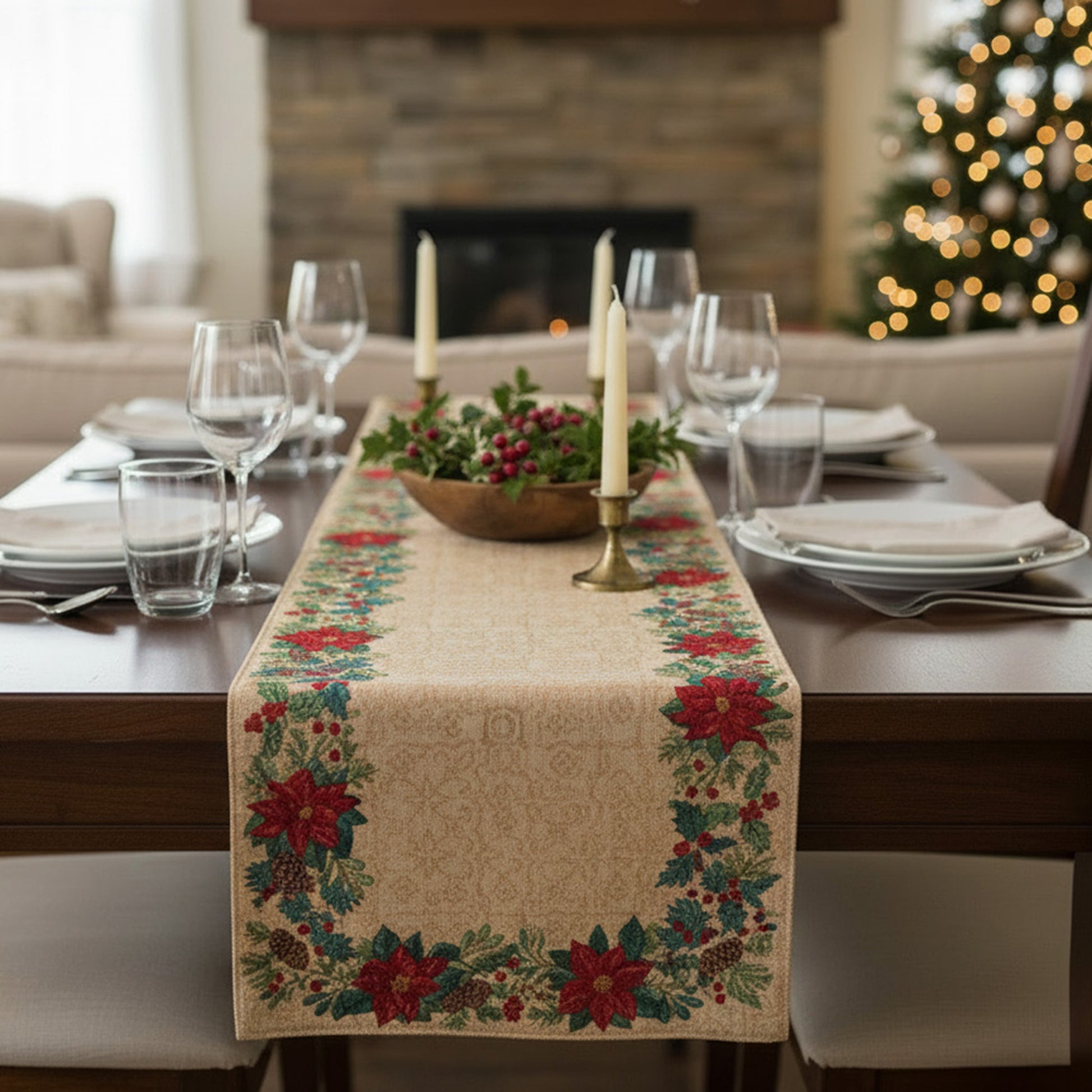 Tapestry Table Runner Poinsettia Border 54", Christmas, Table Runner, Holiday Decor