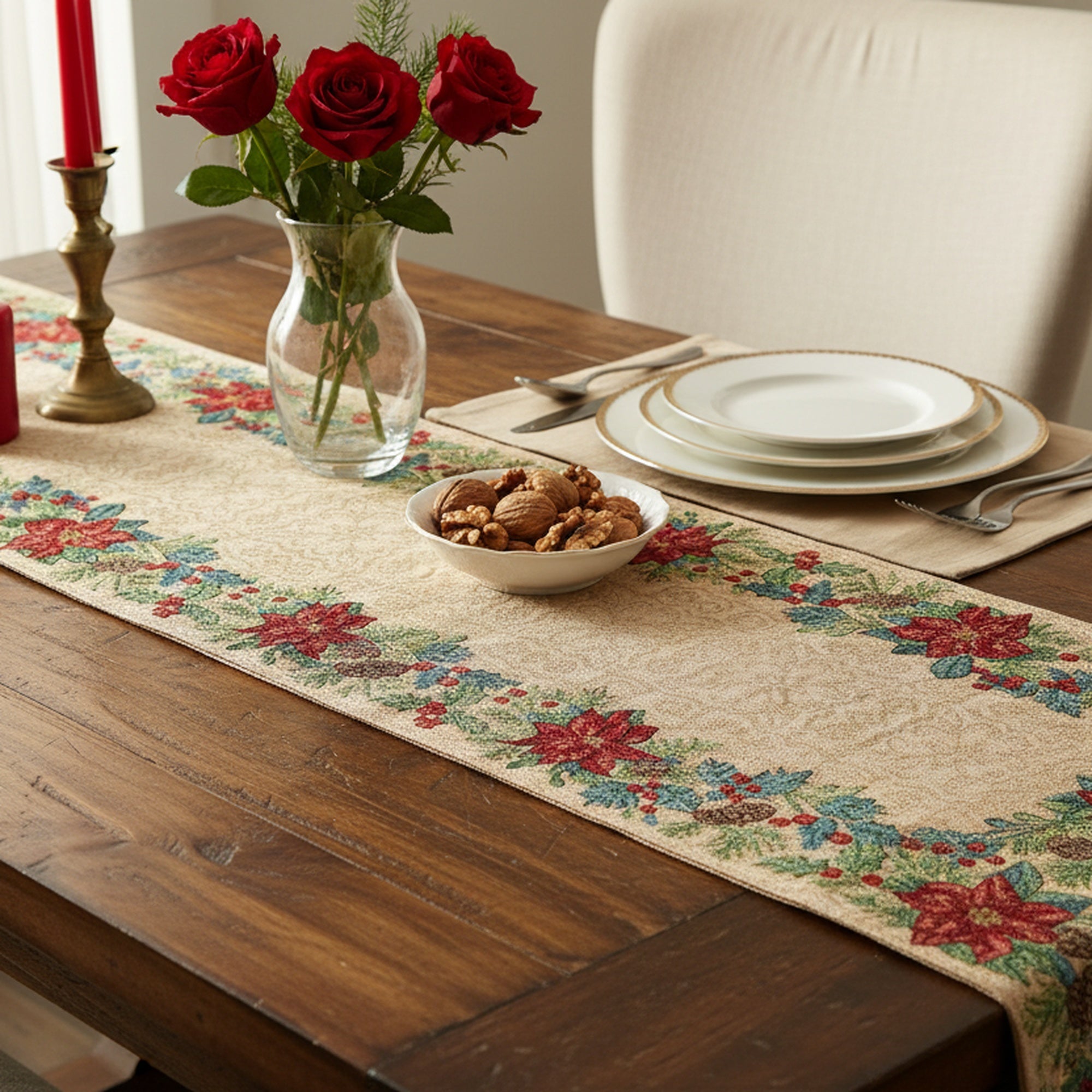 Tapestry Table Runner Poinsettia Border 54", Christmas, Table Runner, Holiday Decor