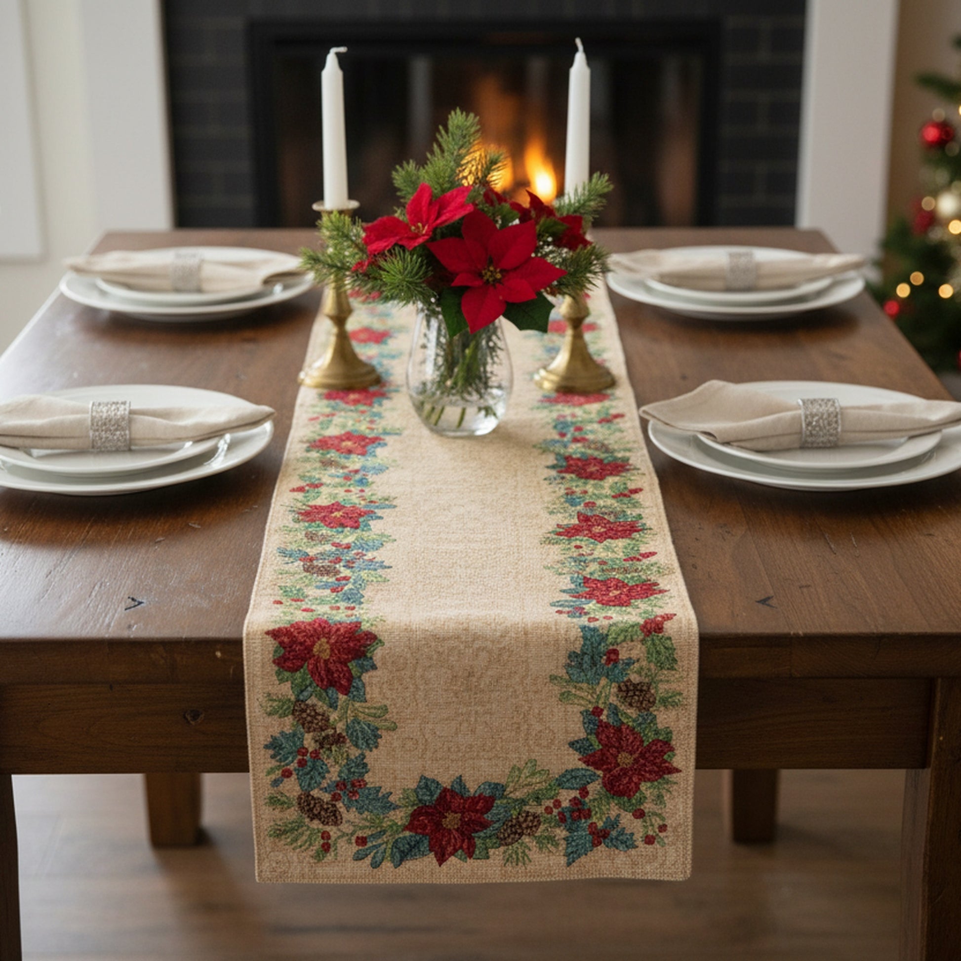Tapestry Table Runner Poinsettia Border 54", Christmas, Table Runner, Holiday Decor