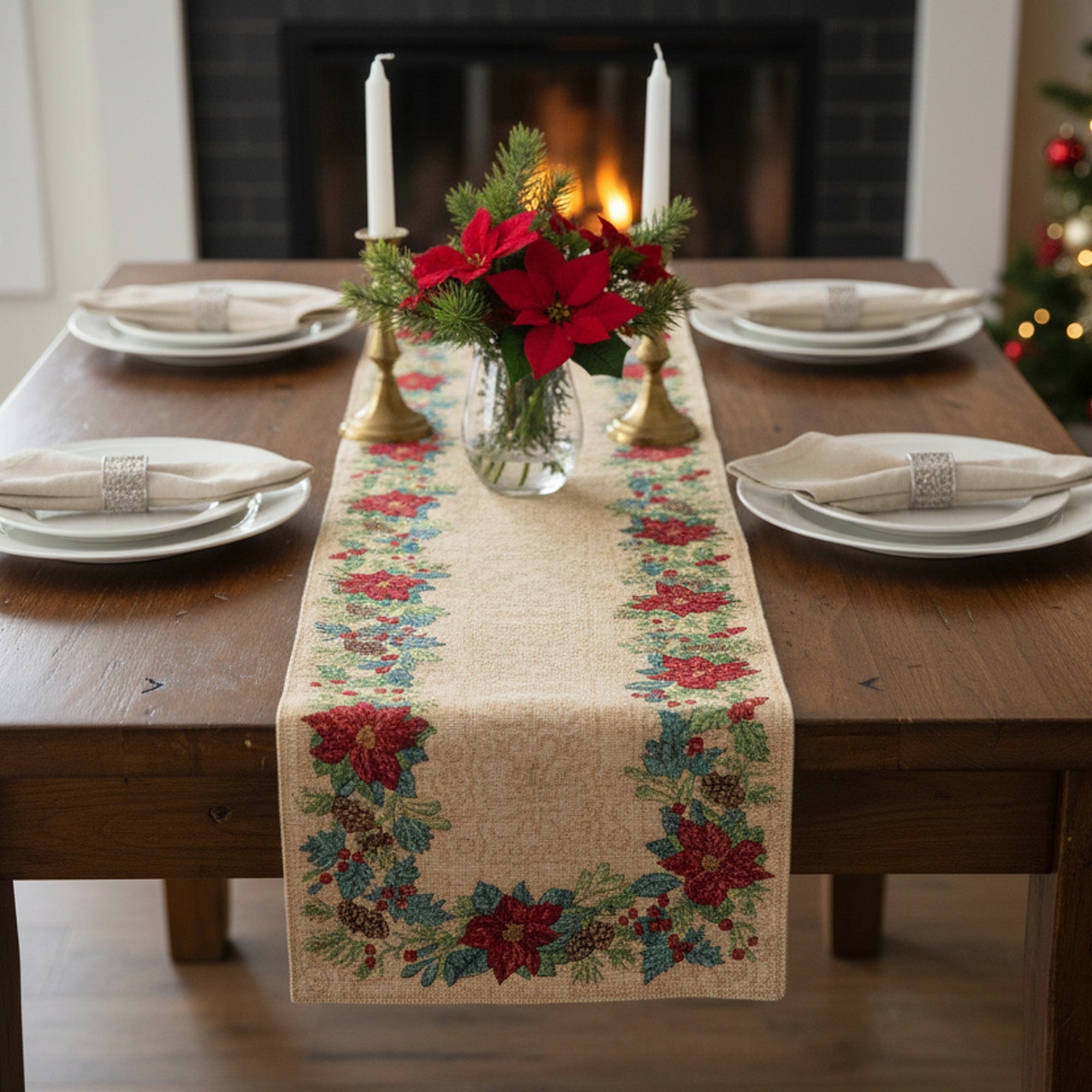 Tapestry Table Runner Poinsettia Border 54", Christmas, Table Runner, Holiday Decor