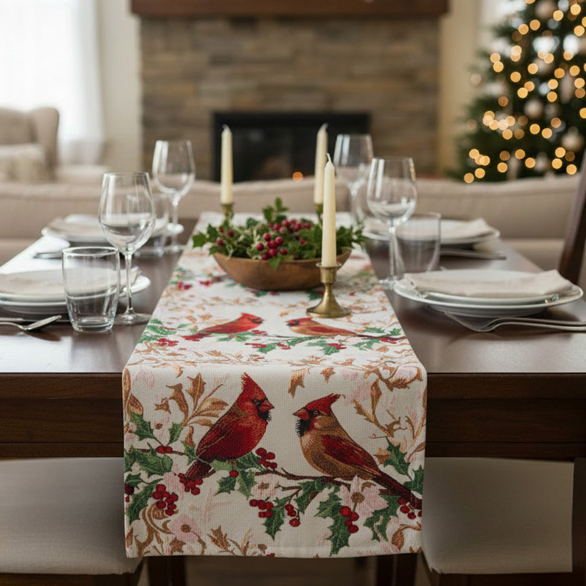 Tapestry Table Runner Cardinals on Holly 54", Christmas, Table Runner, Holiday Decor