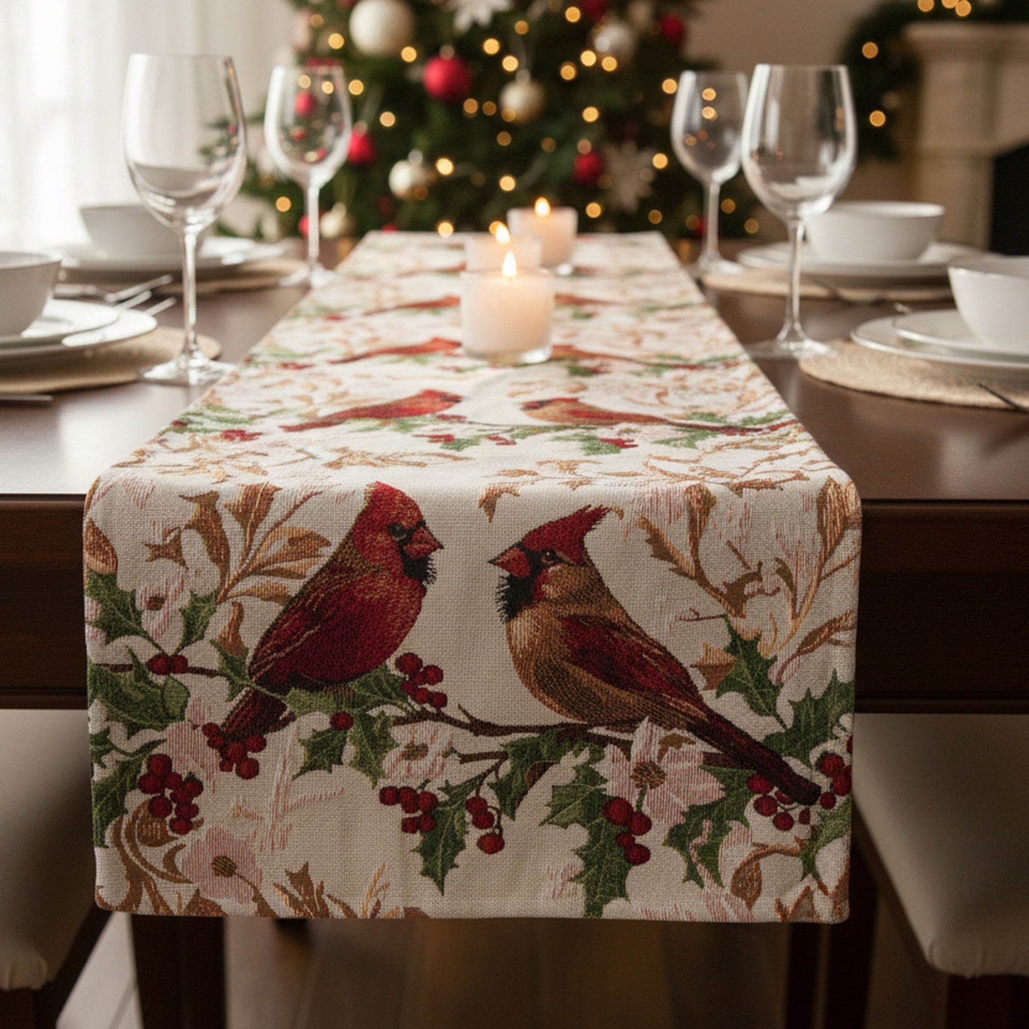 Tapestry Table Runner Cardinals on Holly 54", Christmas, Table Runner, Holiday Decor