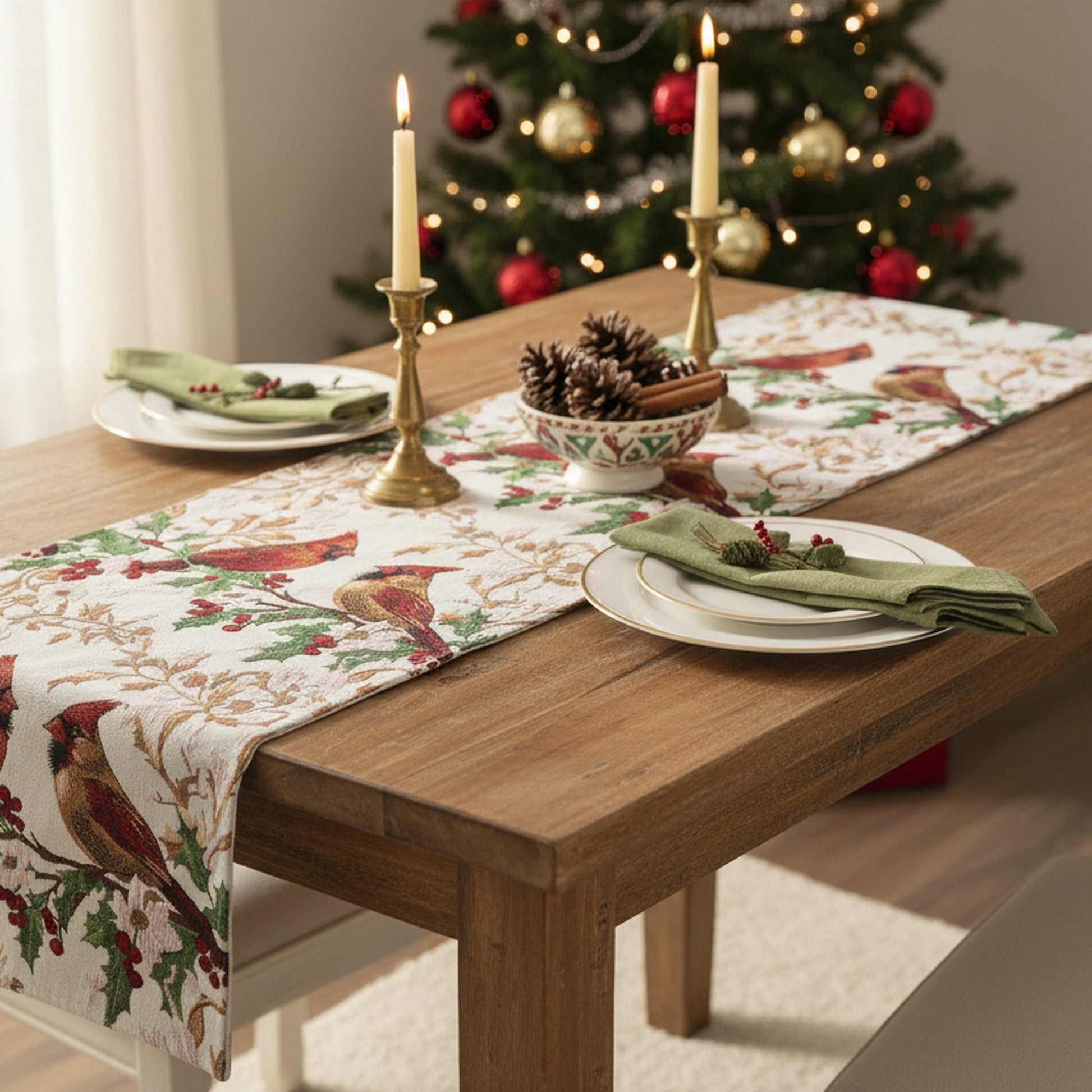 Tapestry Table Runner Cardinals on Holly 54", Christmas, Table Runner, Holiday Decor