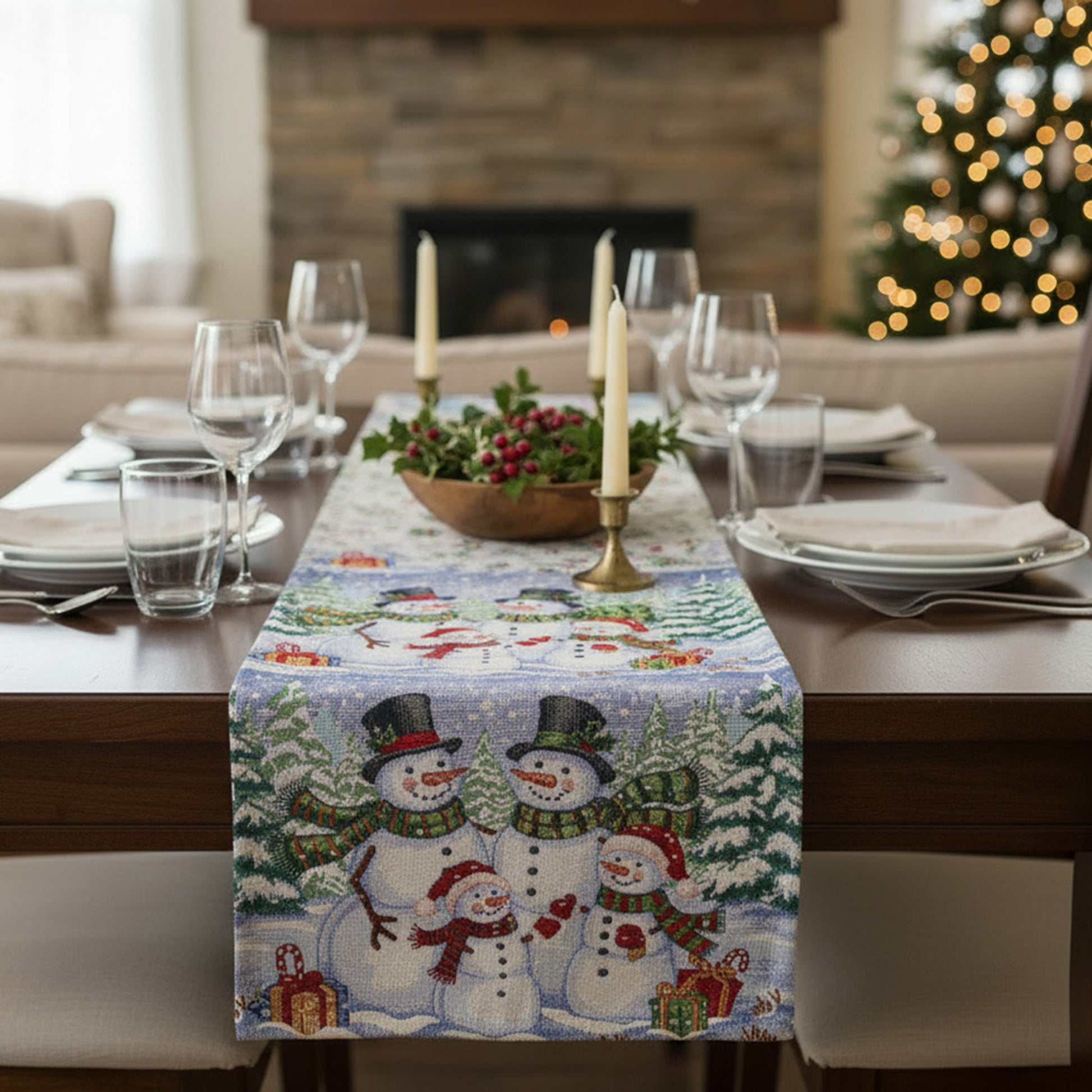 Tapestry Table Runner Snowman Family 54", Christmas, Table Runner, Holiday Decor