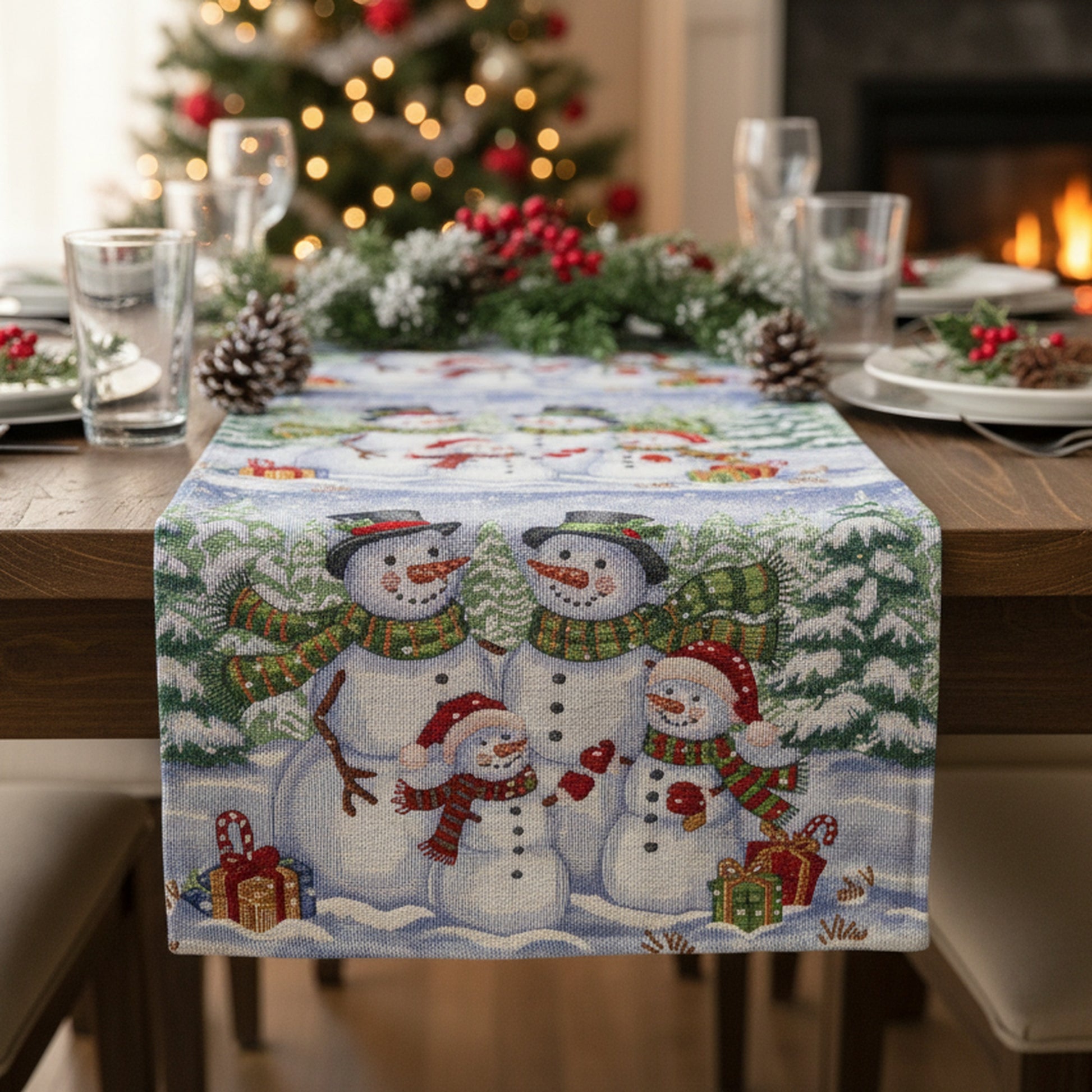 Tapestry Table Runner Snowman Family 54", Christmas, Table Runner, Holiday Decor