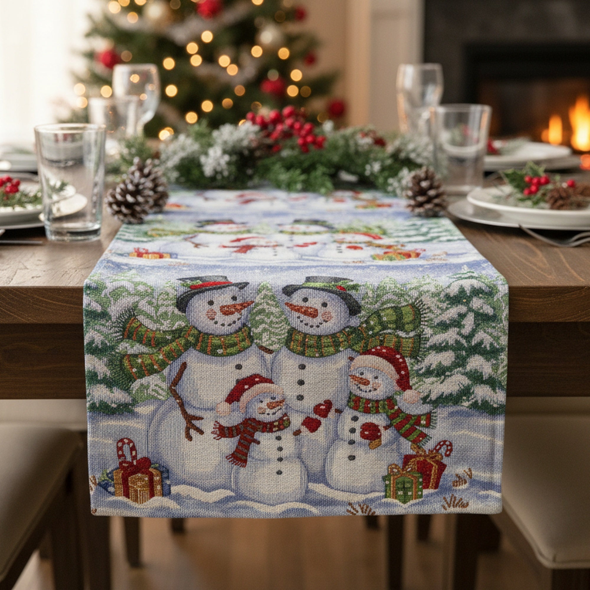 Tapestry Table Runner Snowman Family 54", Christmas, Table Runner, Holiday Decor