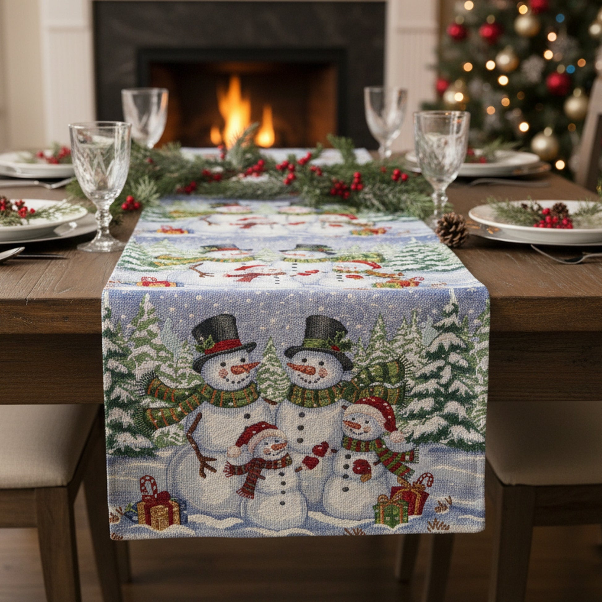 Tapestry Table Runner Snowman Family 54", Christmas, Table Runner, Holiday Decor