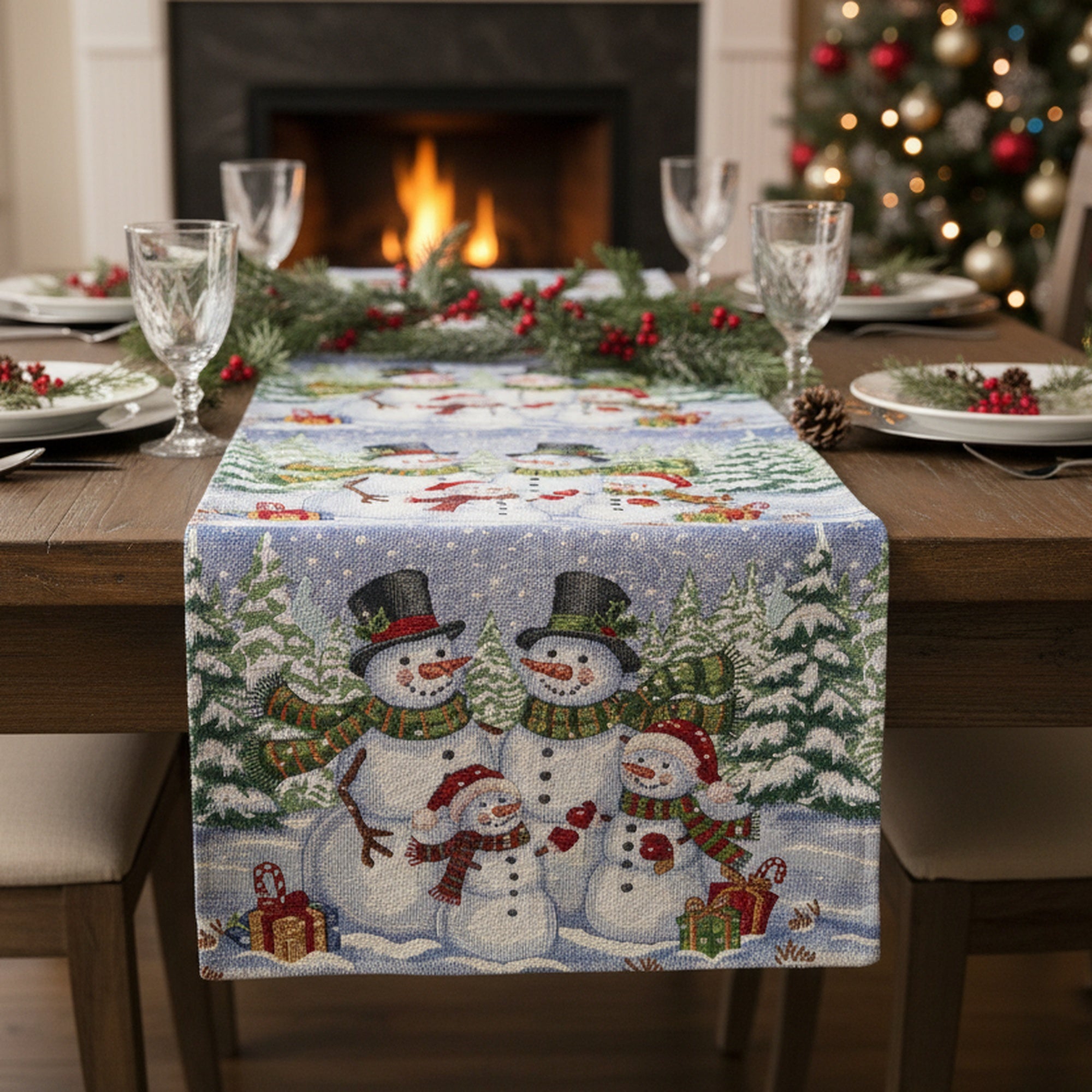 Tapestry Table Runner Snowman Family 54", Christmas, Table Runner, Holiday Decor