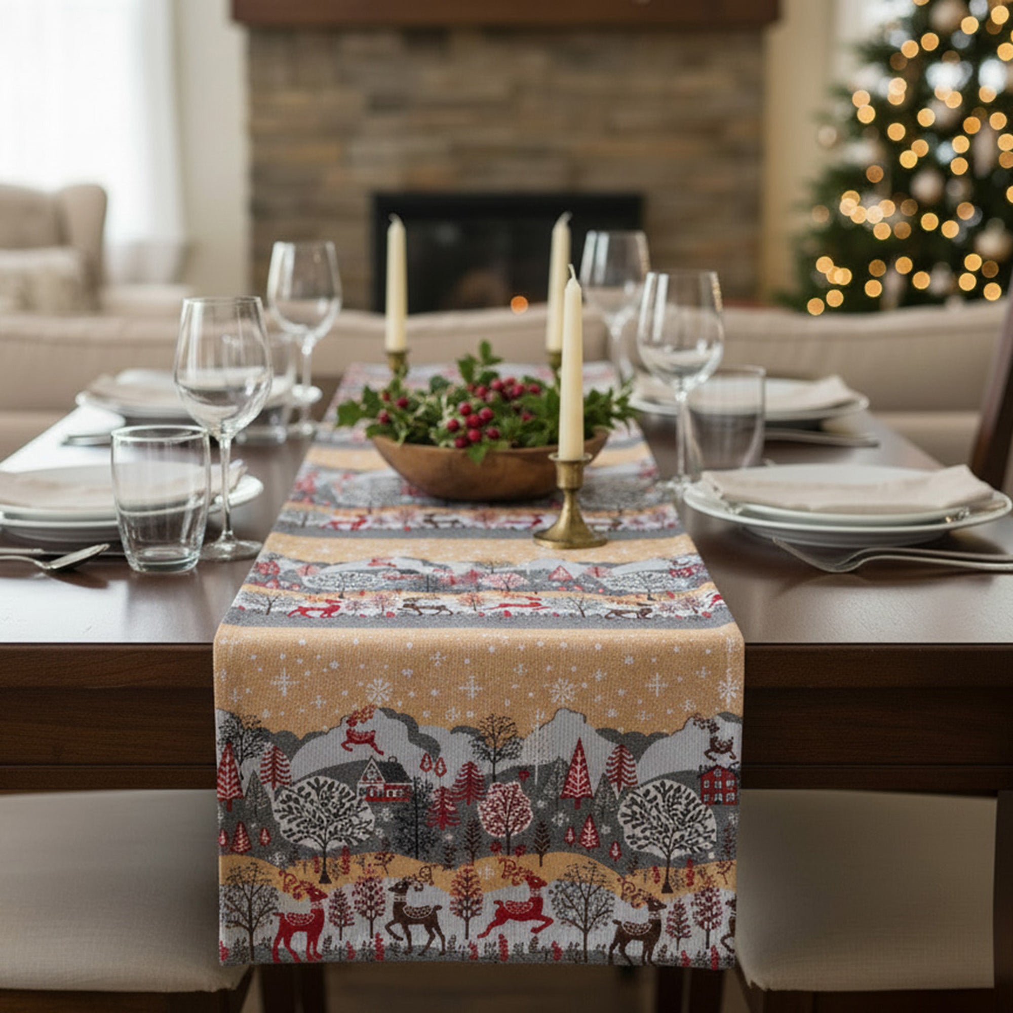 Tapestry Table Runner Reindeer Village 54", Christmas, Table Runner, Holiday Decor