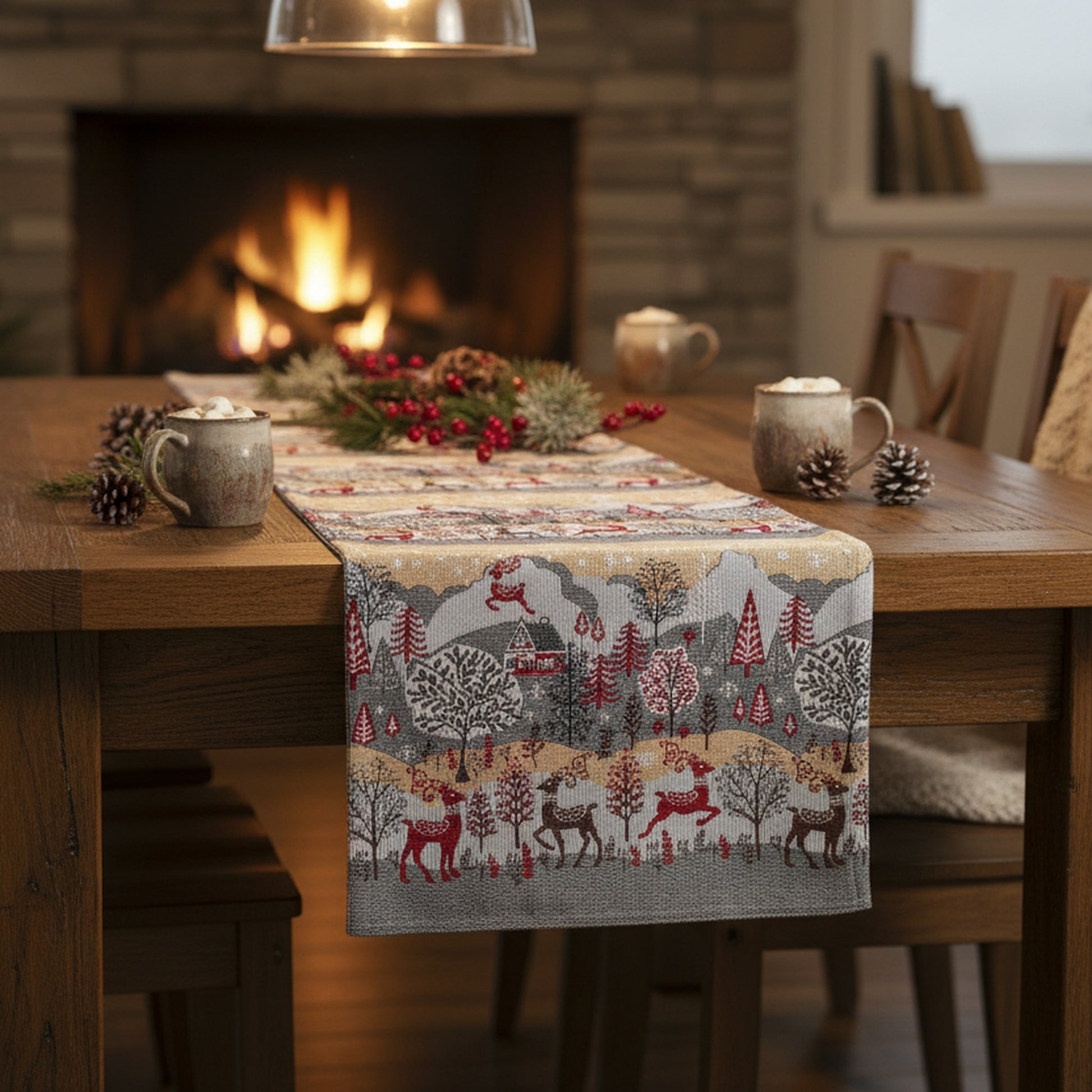 Tapestry Table Runner Reindeer Village 54", Christmas, Table Runner, Holiday Decor