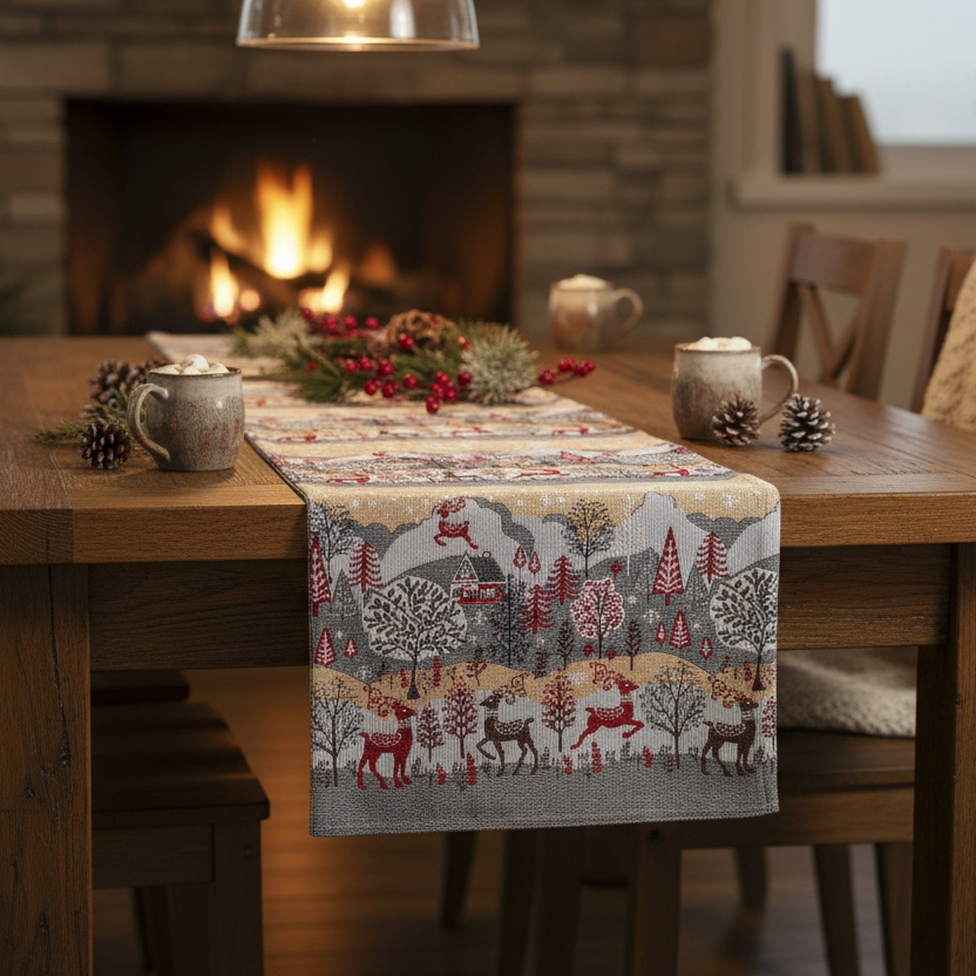Tapestry Table Runner Reindeer Village 54", Christmas, Table Runner, Holiday Decor