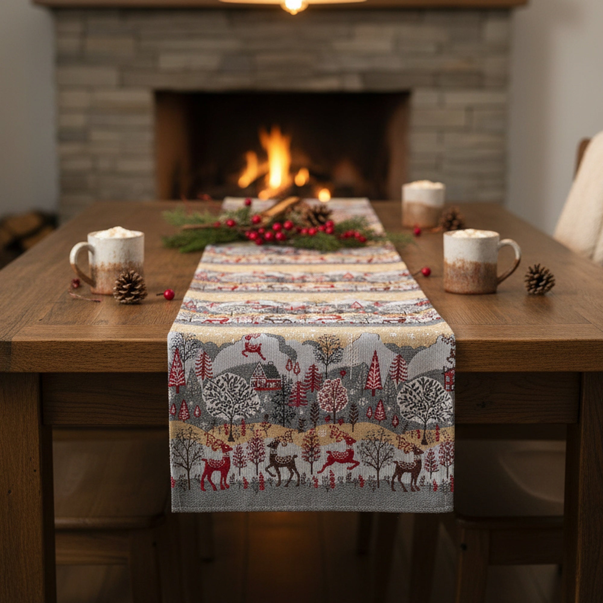 Tapestry Table Runner Reindeer Village 54", Christmas, Table Runner, Holiday Decor