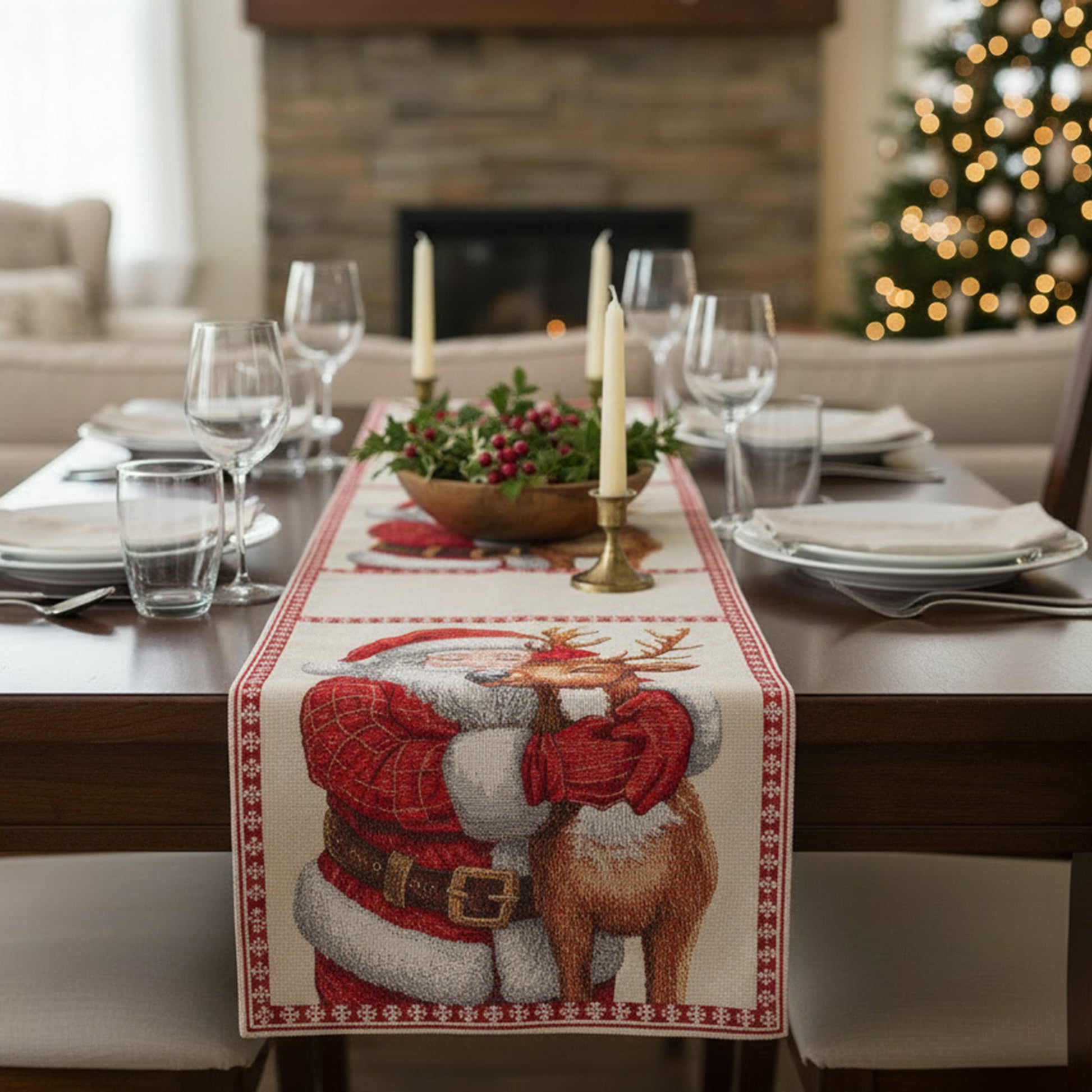 Tapestry Table Runner Santa and Reindeer 54", Christmas, Table Runner, Holiday Decor