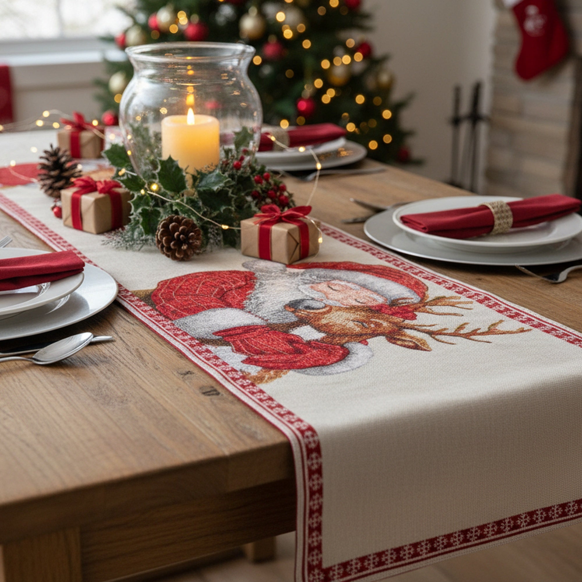 Tapestry Table Runner Santa and Reindeer 54", Christmas, Table Runner, Holiday Decor