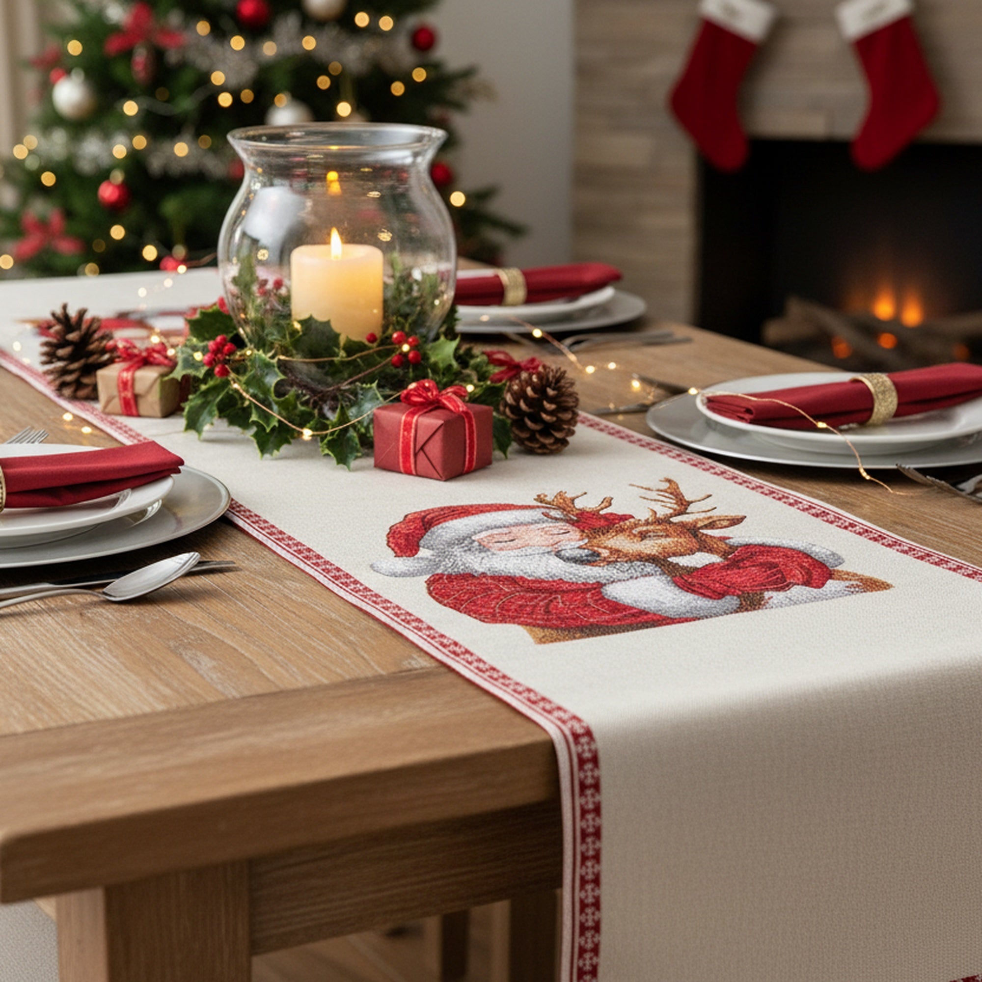 Tapestry Table Runner Santa and Reindeer 54", Christmas, Table Runner, Holiday Decor