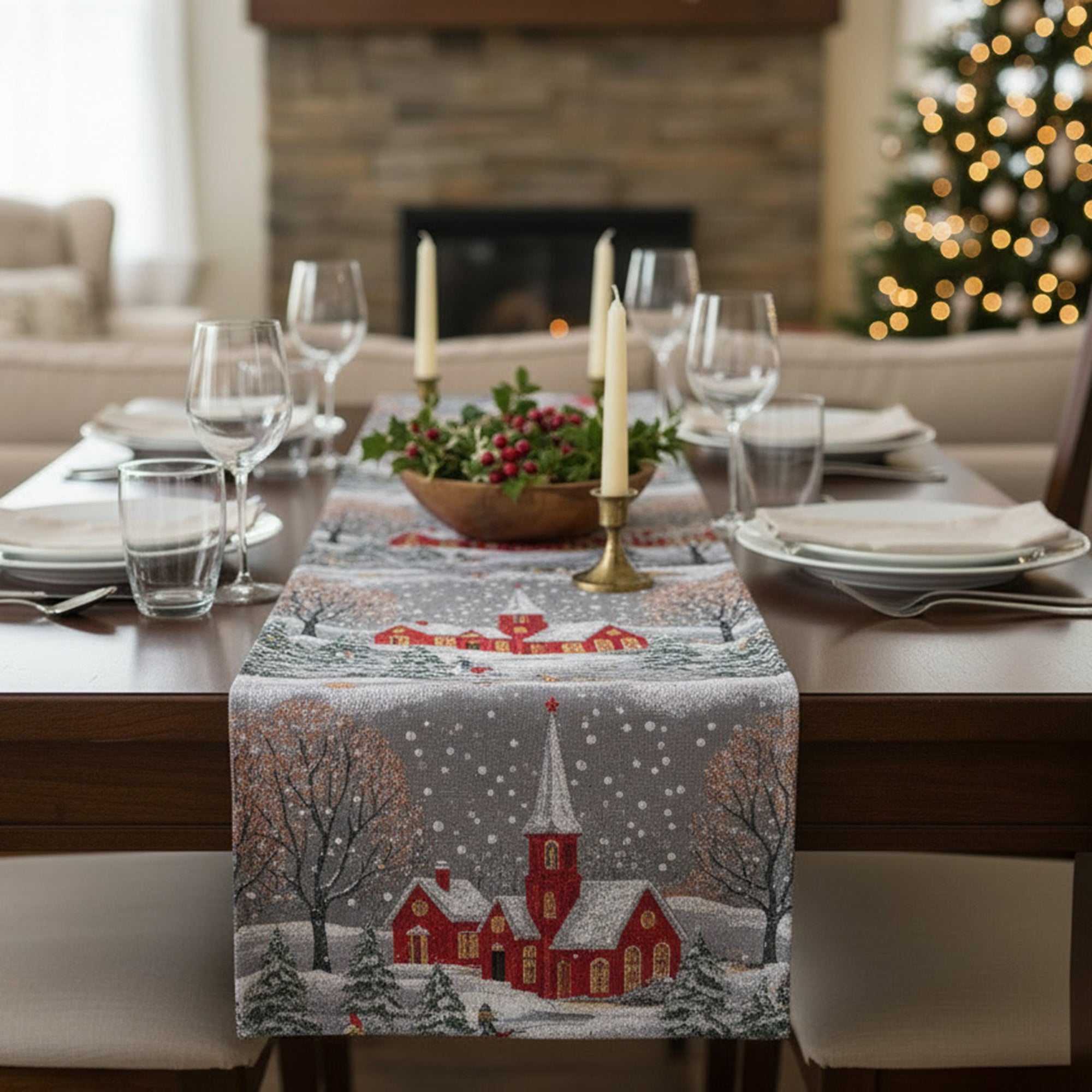 Tapestry Table Runner Winter Church 54", Winter, Table Runner, Holiday Decor