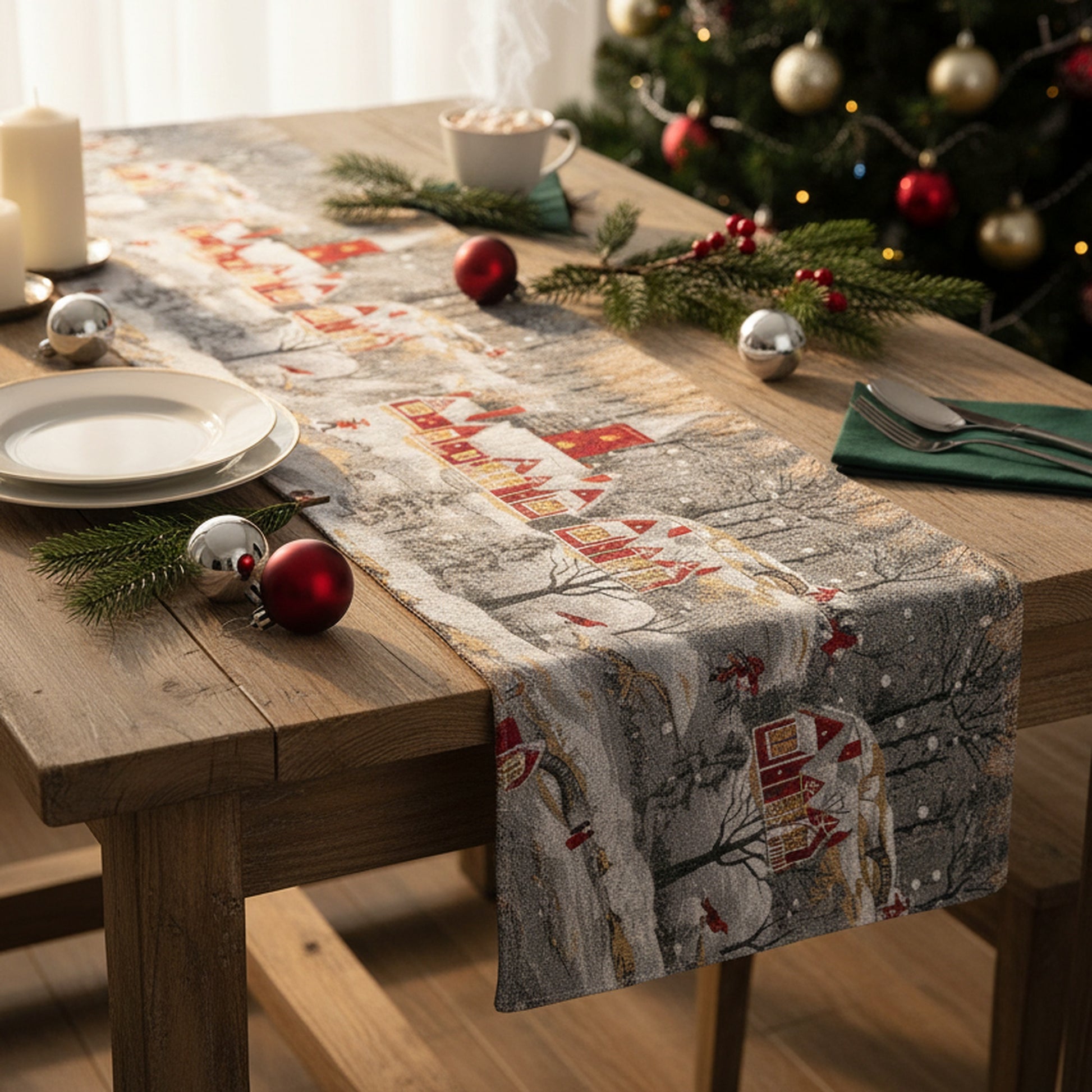 Tapestry Table Runner Winter Church 54", Winter, Table Runner, Holiday Decor
