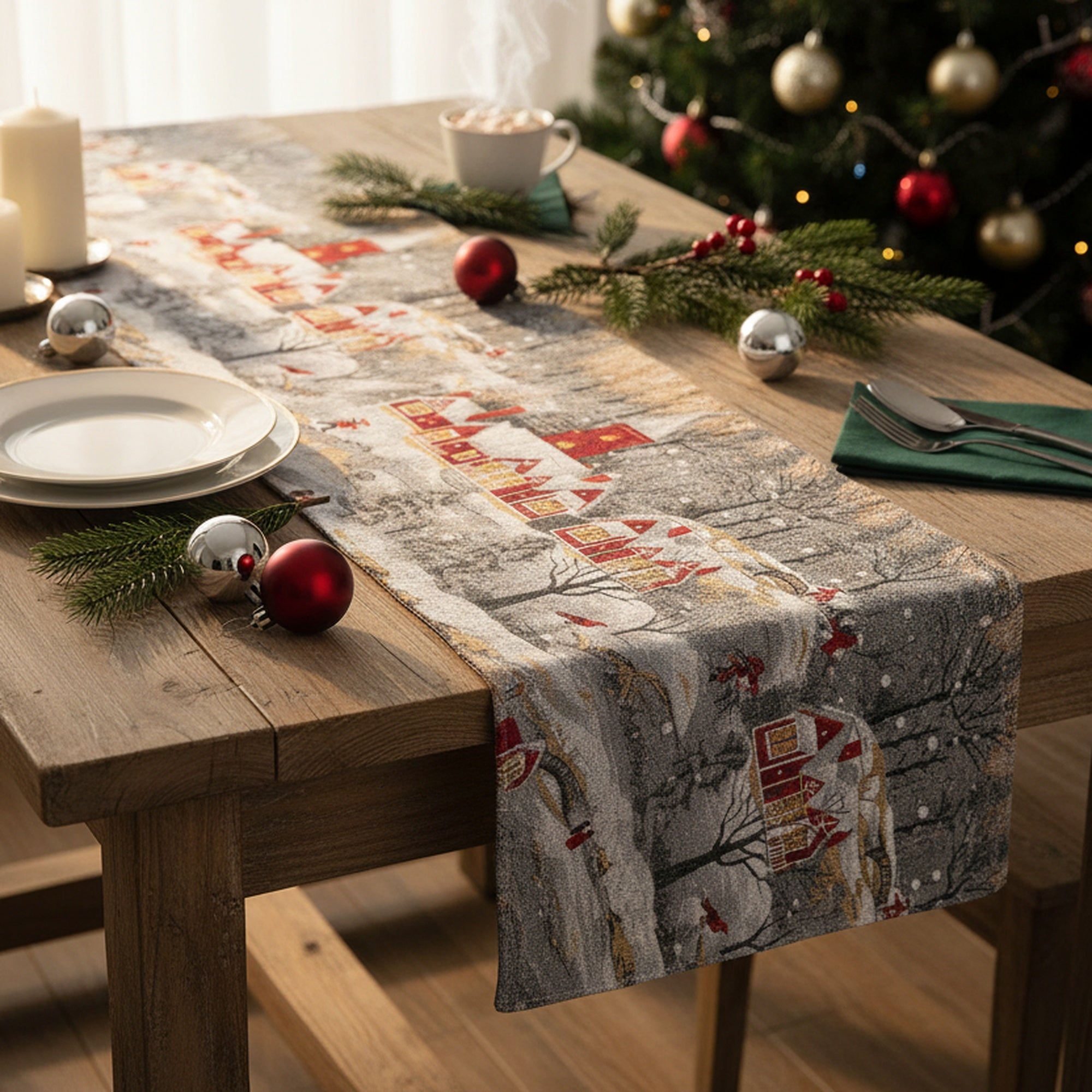 Tapestry Table Runner Winter Church 54", Winter, Table Runner, Holiday Decor