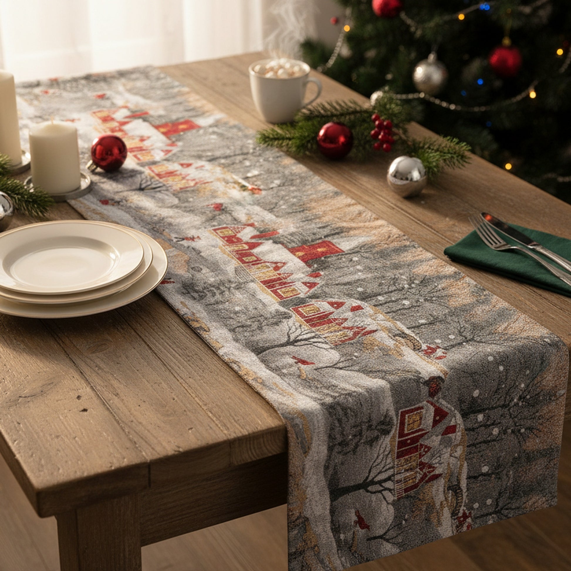 Tapestry Table Runner Winter Church 54", Winter, Table Runner, Holiday Decor
