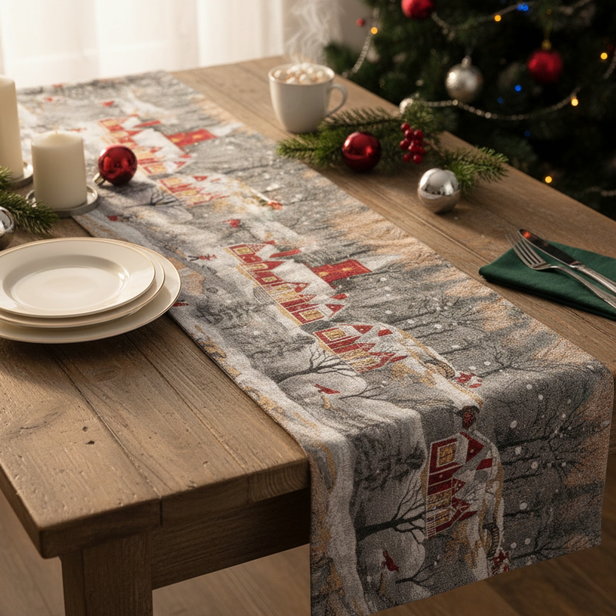 Tapestry Table Runner Winter Church 54", Winter, Table Runner, Holiday Decor