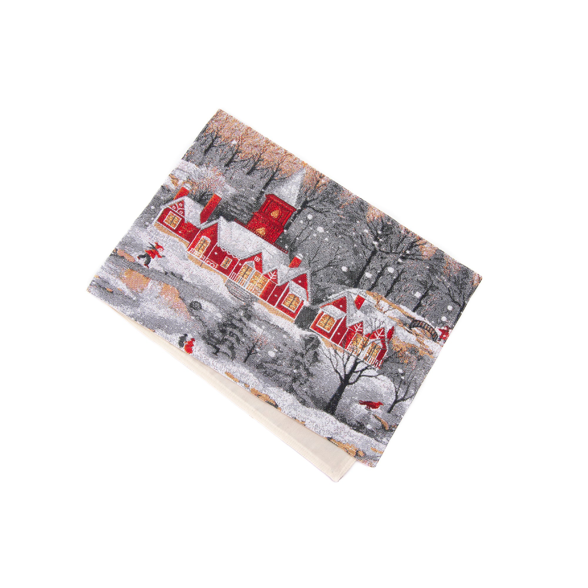 Tapestry Table Runner Winter Church 54", Winter, Table Runner, Holiday Decor