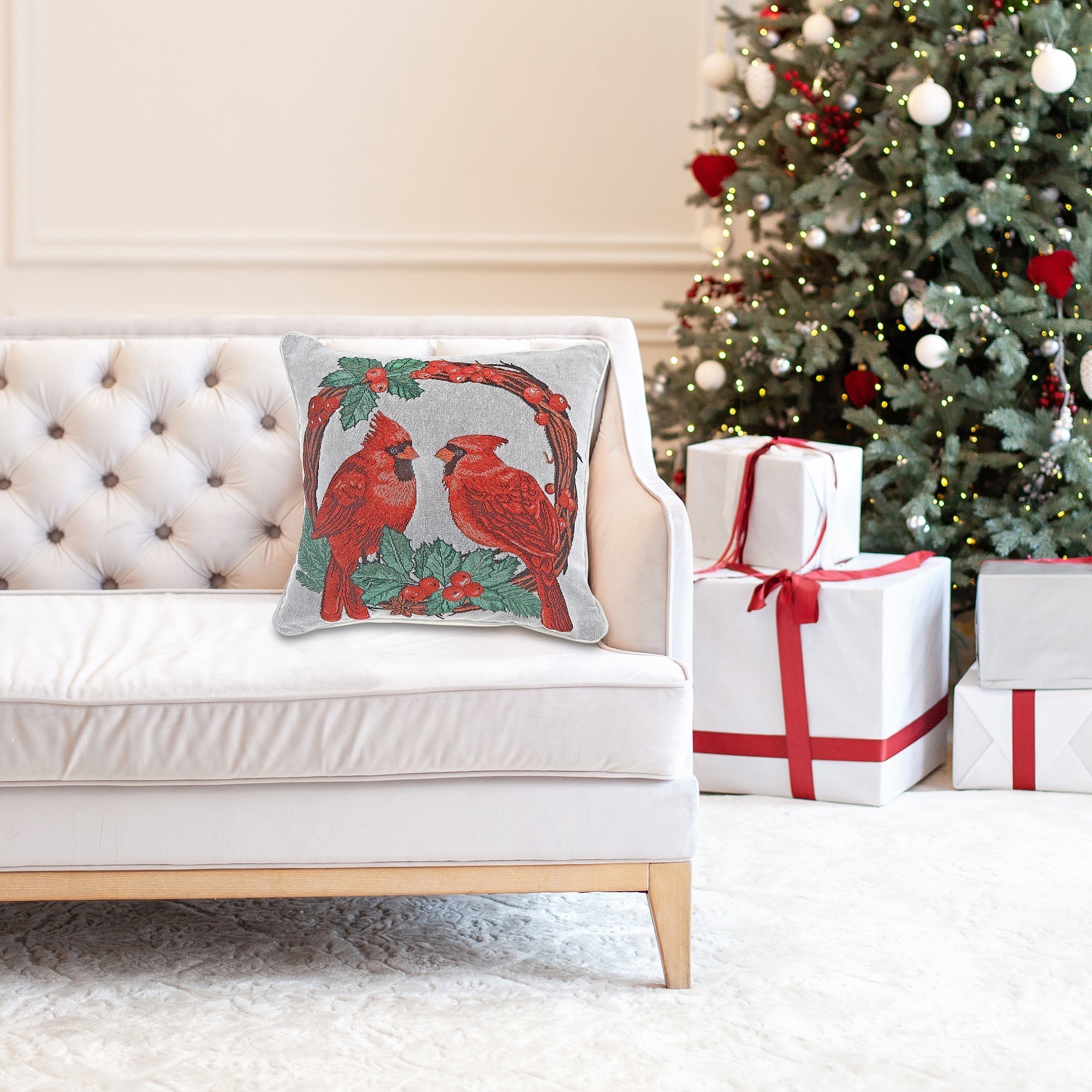Tapestry Double Cardinal Cushion 18 Inches by 18 Inches - Set of 2, Christmas Pillow, Holiday Throw, Festive Home Decor