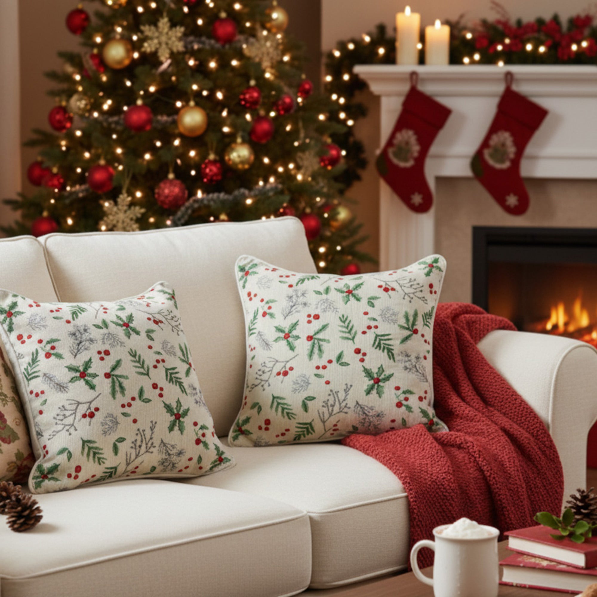 Tapestry Cushion Holly Berries 18 X 18, Christmas, Throw Pillow, Holiday Decor- Set of 2